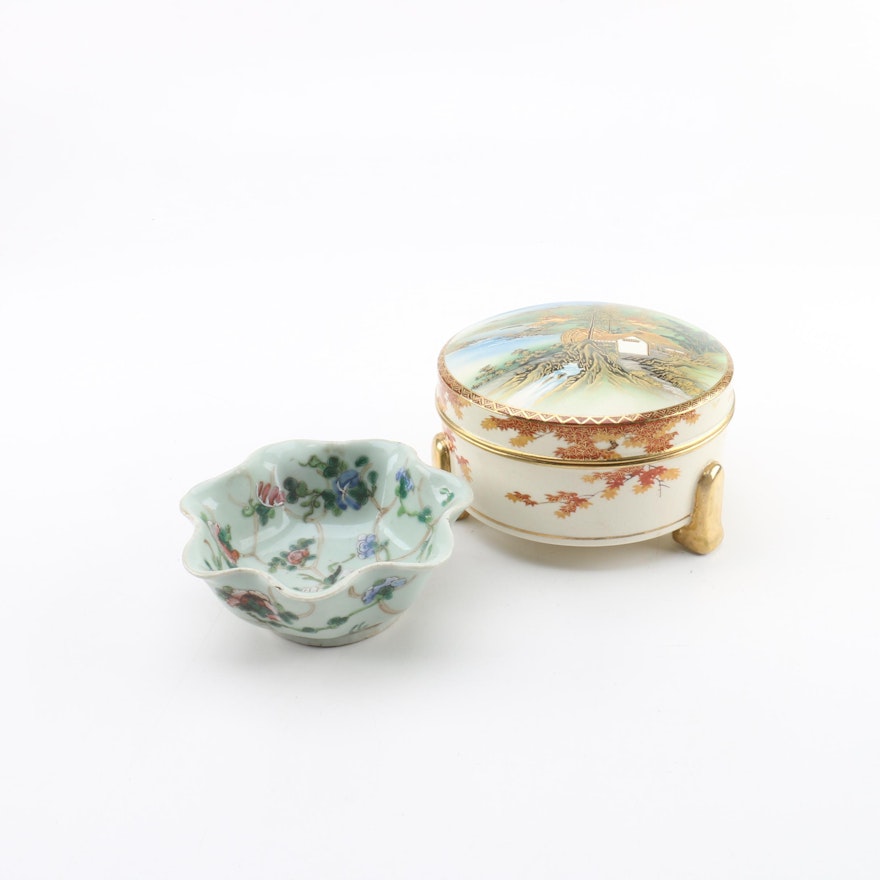 Japanese Satsuma Trinket Box and Chinese Floral Bowl