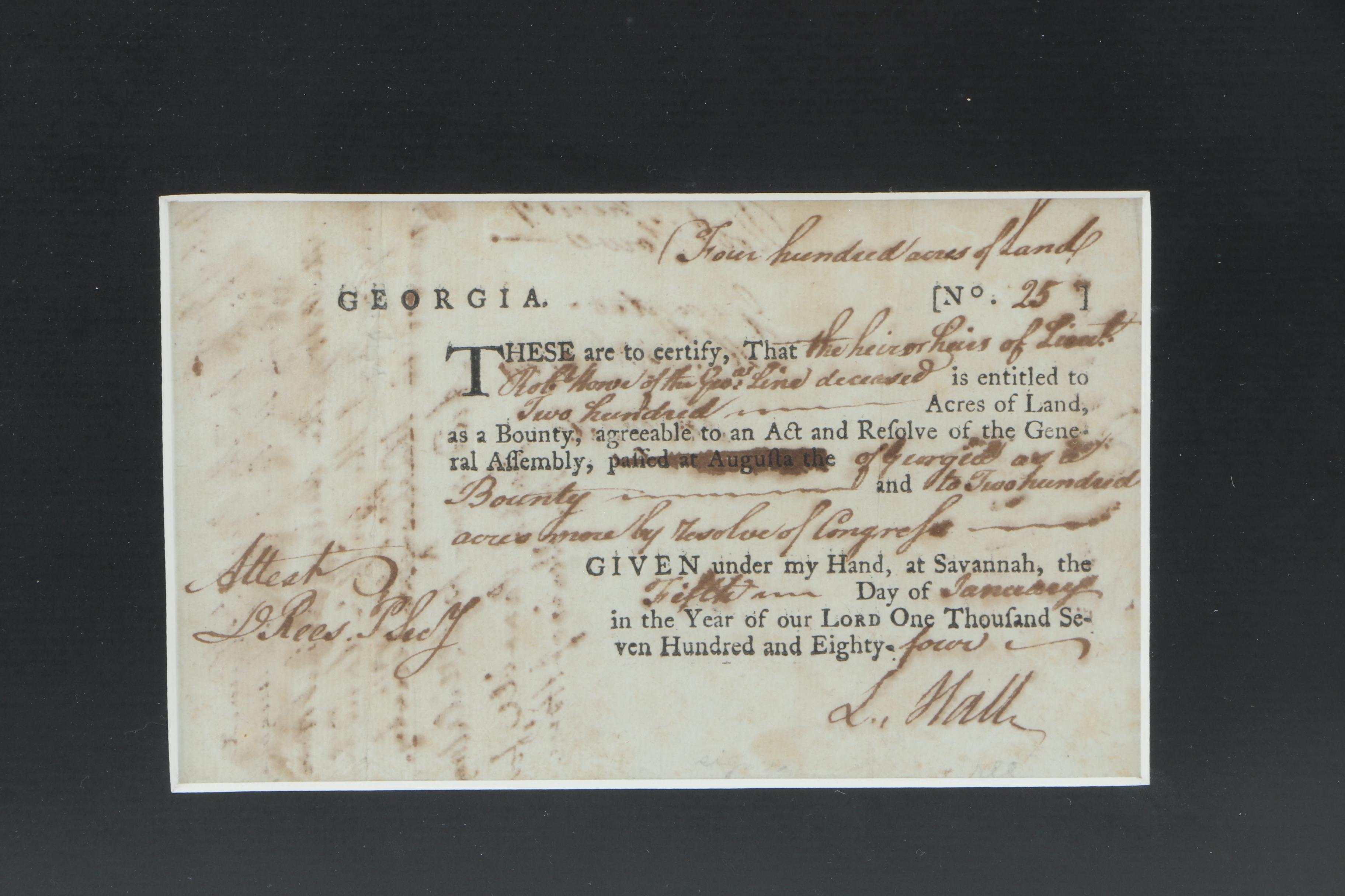 Dr. Lyman Hall Document Signed January 5, 1784