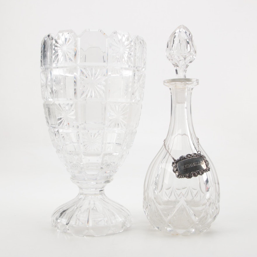 Crystal Decanter with Silver Plated Tag and Footed Vase