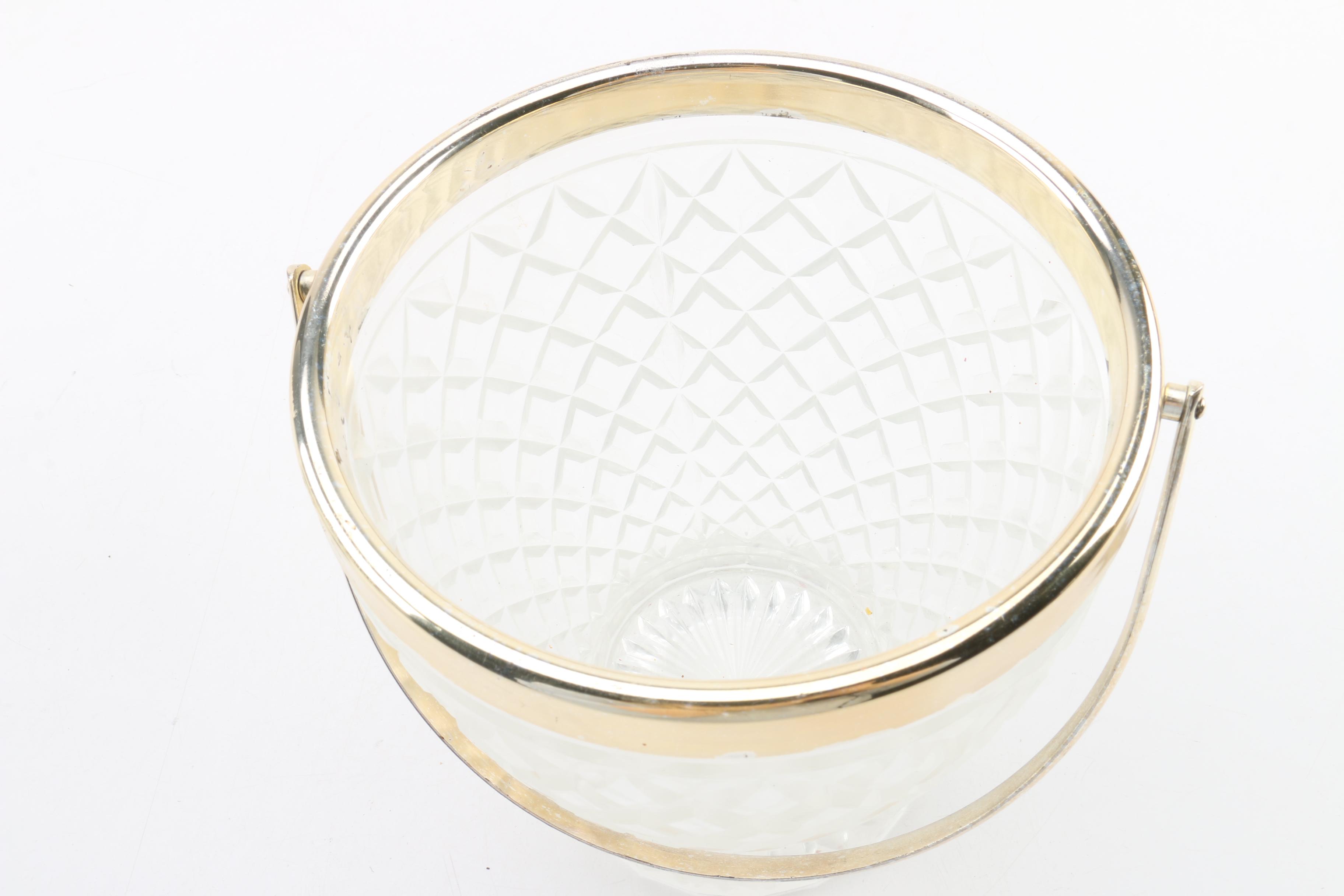 English Silver Plate and Glass Bowl with Glass and Metal Ice Bucket