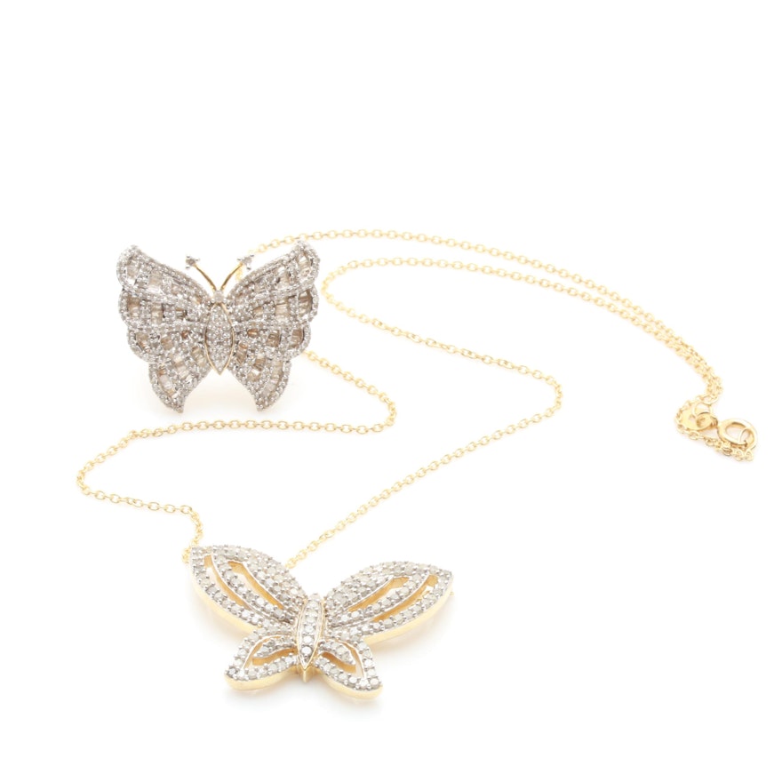 Gold Wash on Sterling Silver 2.03 CTW Diamond Butterfly Necklace and Ring