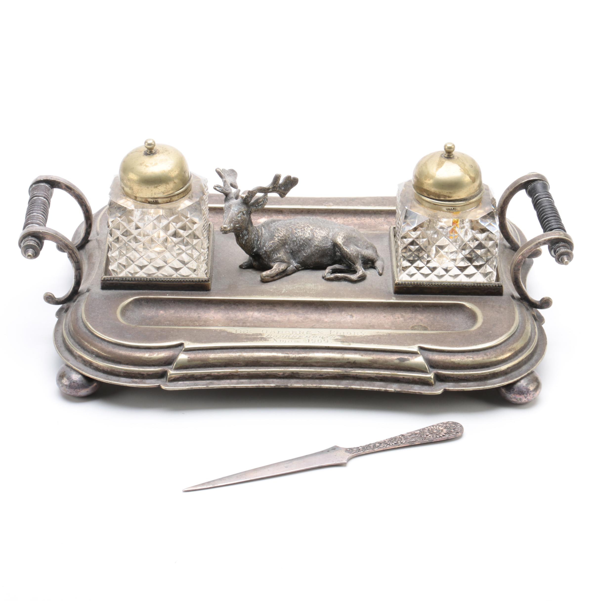 Daniel & Arter Silver Plate Inkwell with S. Kirk & Son Sterling Letter Opener