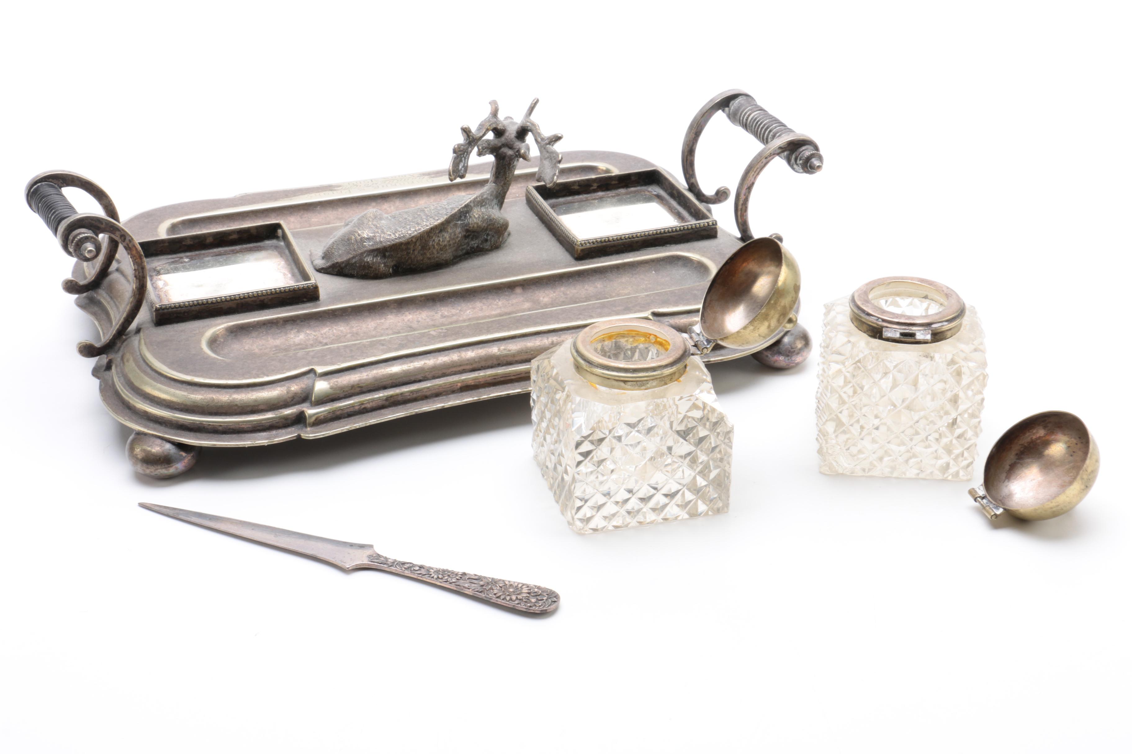 Daniel & Arter Silver Plate Inkwell with S. Kirk & Son Sterling Letter Opener