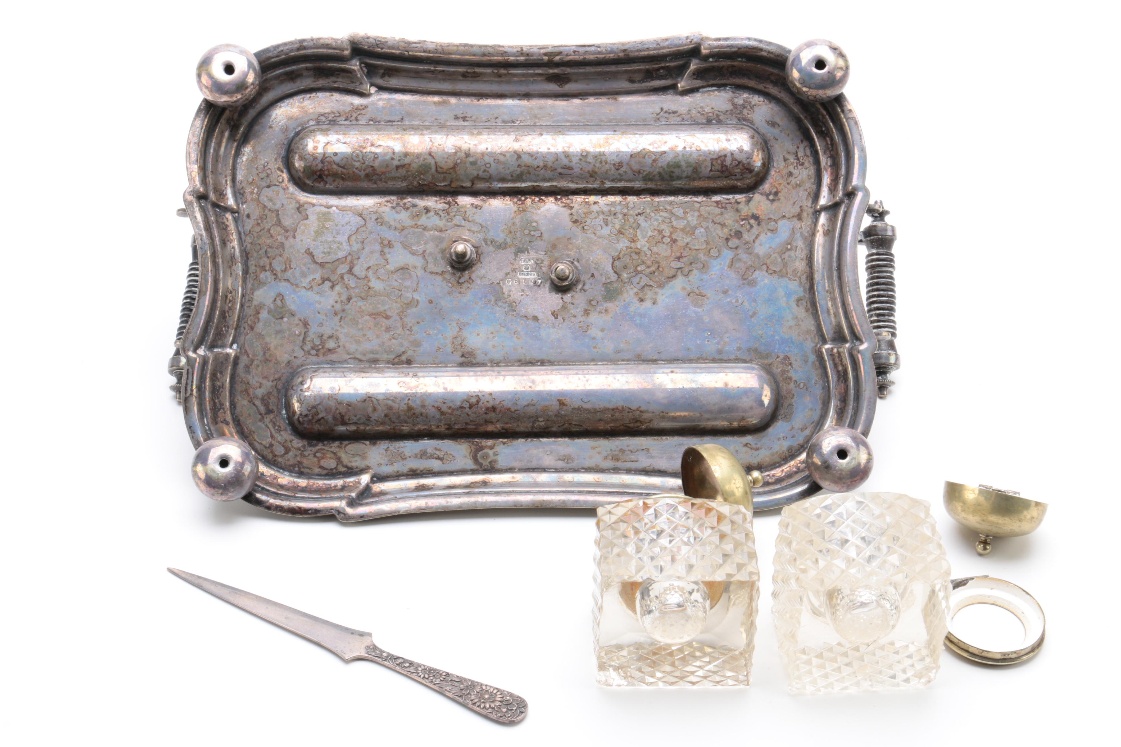 Daniel & Arter Silver Plate Inkwell with S. Kirk & Son Sterling Letter Opener