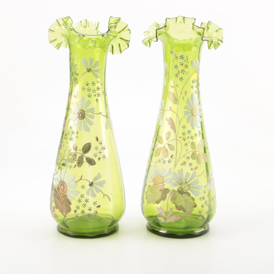 Antique Hand-Decorated Blown and Enameled Glass Vases