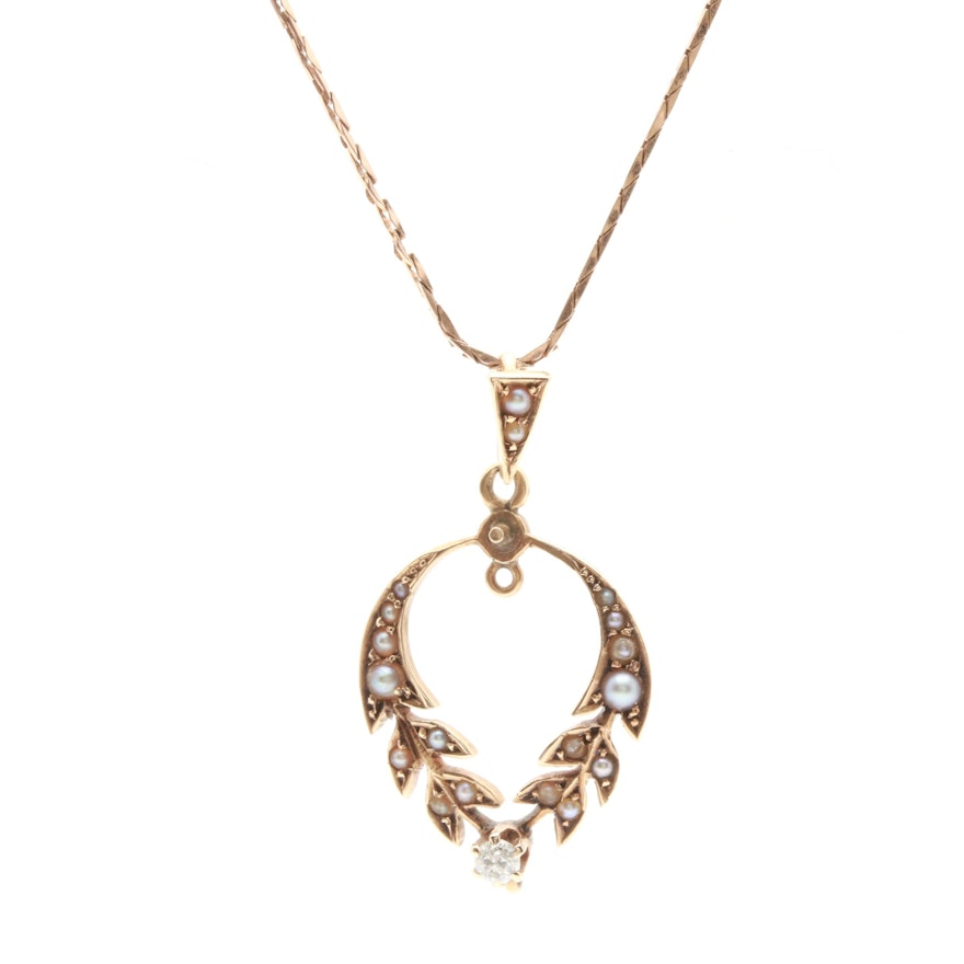 Victorian 14K Yellow Gold Diamond and Seed Pearl Pendant Necklace