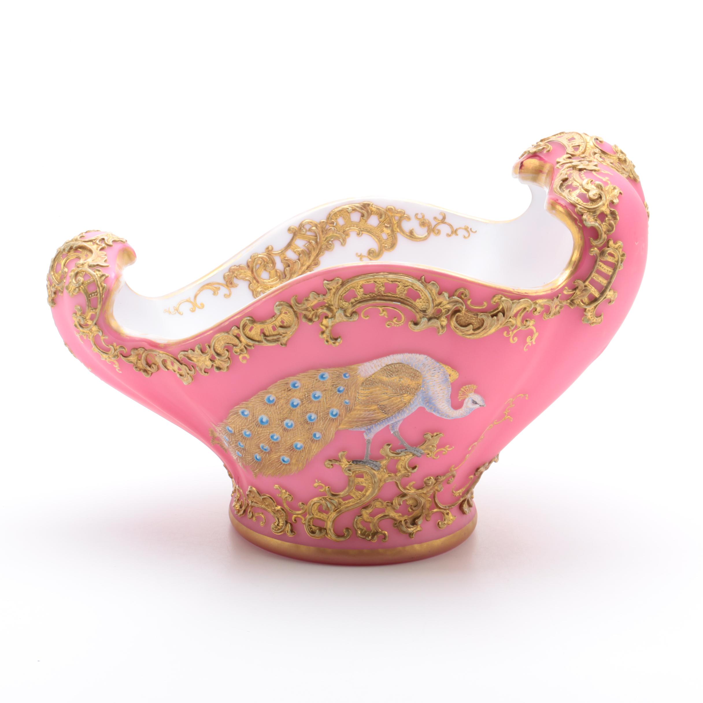 19th C. Painted Peacock and Jeweled Satin Glass Bowl