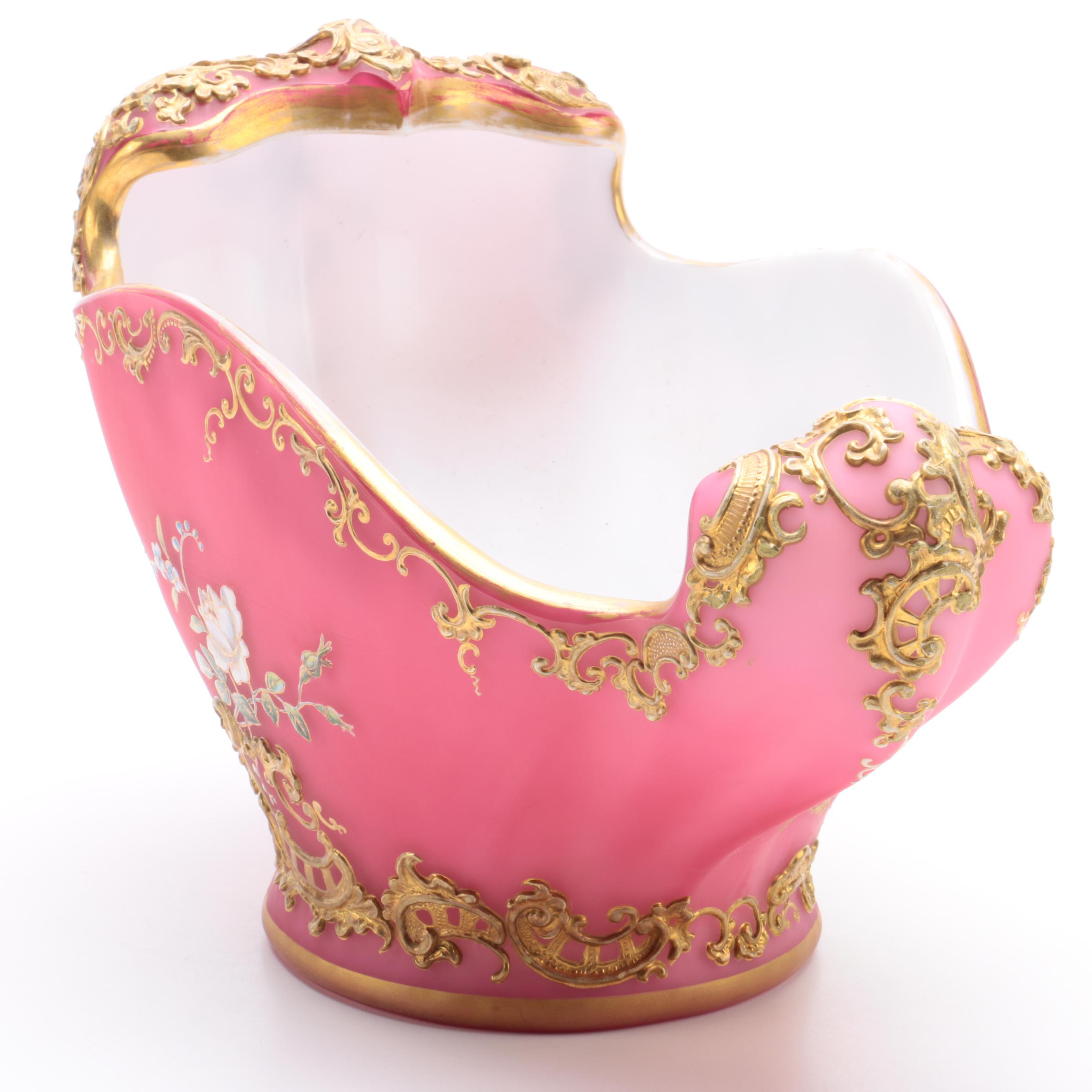 19th C. Painted Peacock and Jeweled Satin Glass Bowl