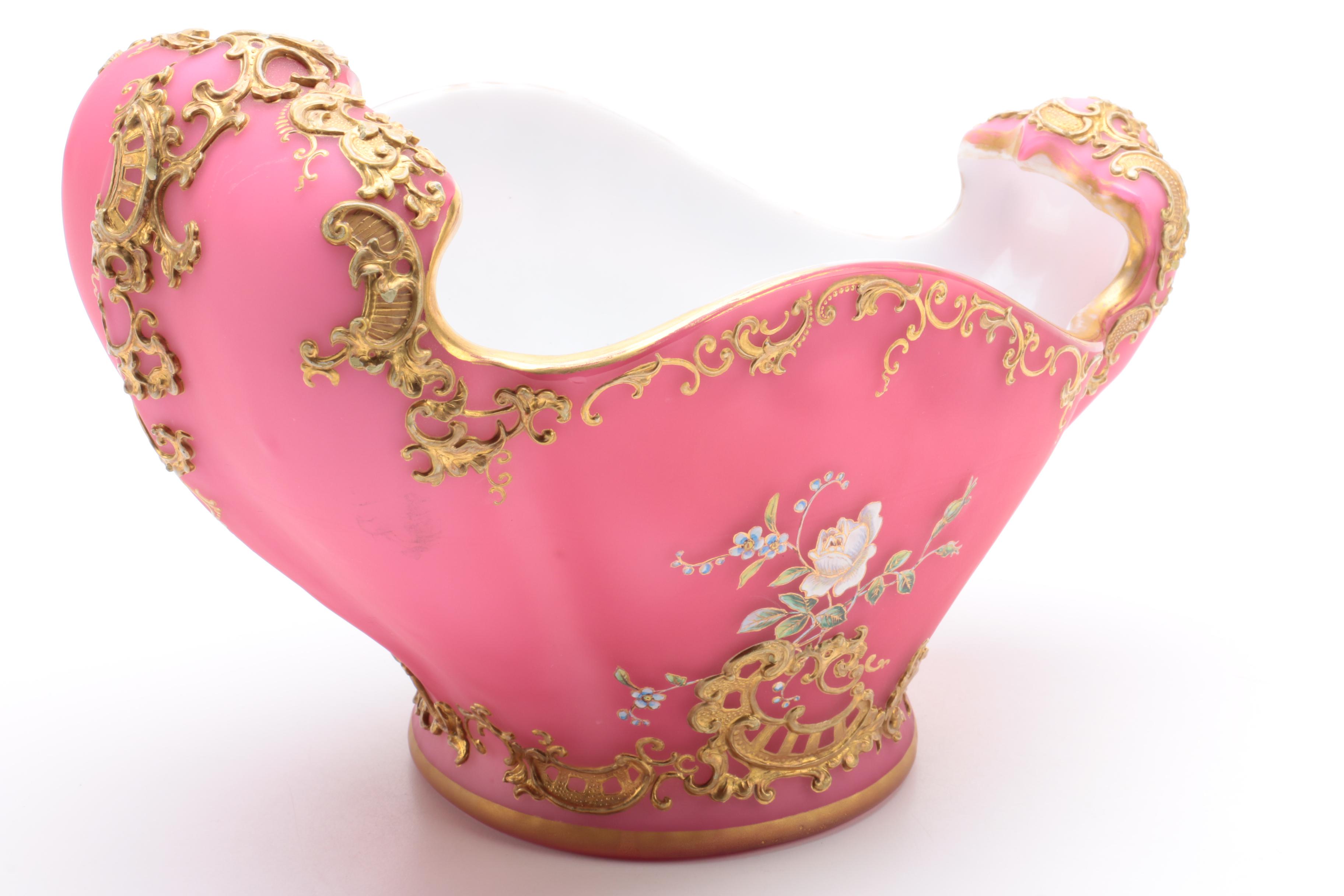 19th C. Painted Peacock and Jeweled Satin Glass Bowl