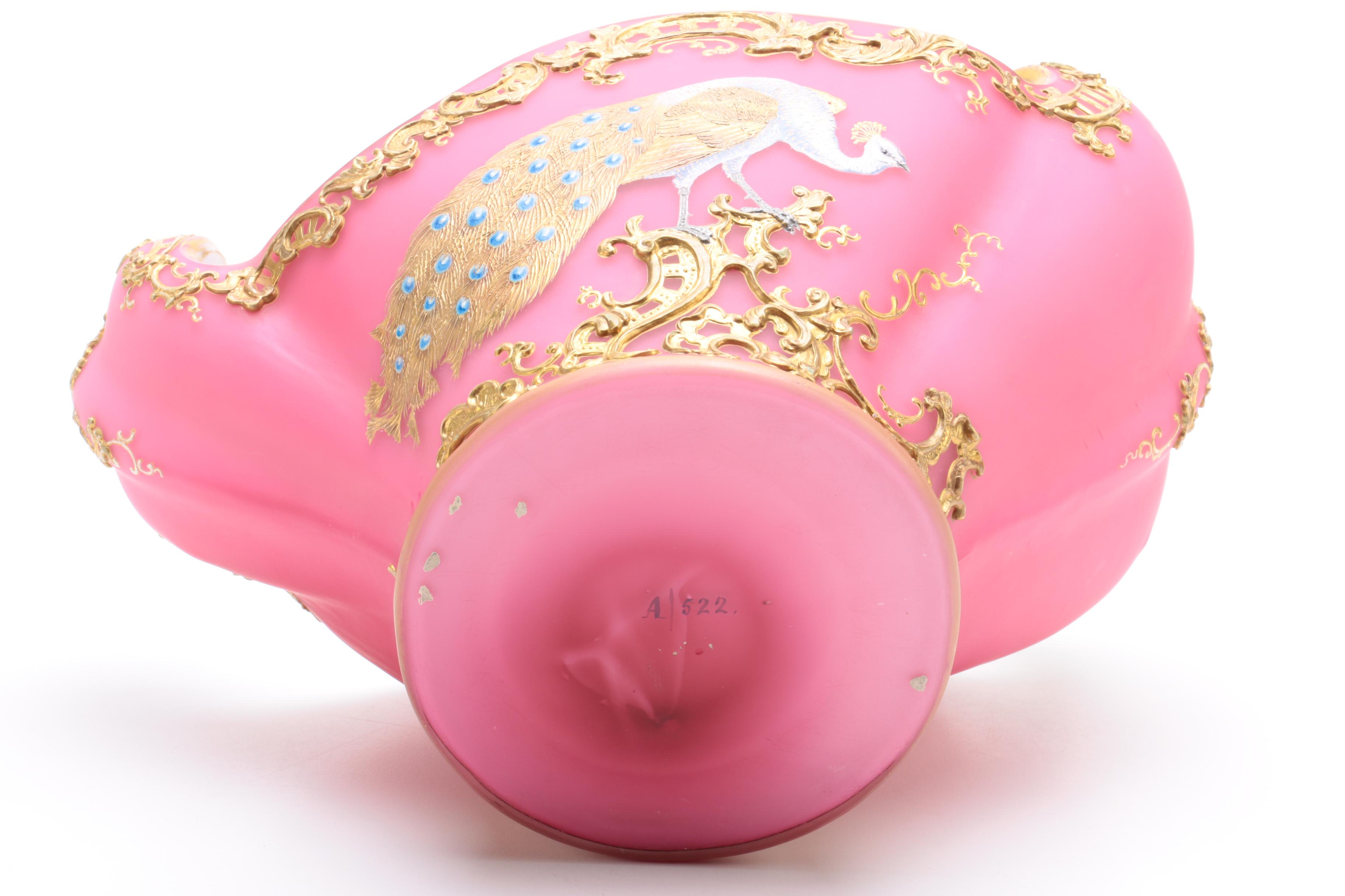 19th C. Painted Peacock and Jeweled Satin Glass Bowl