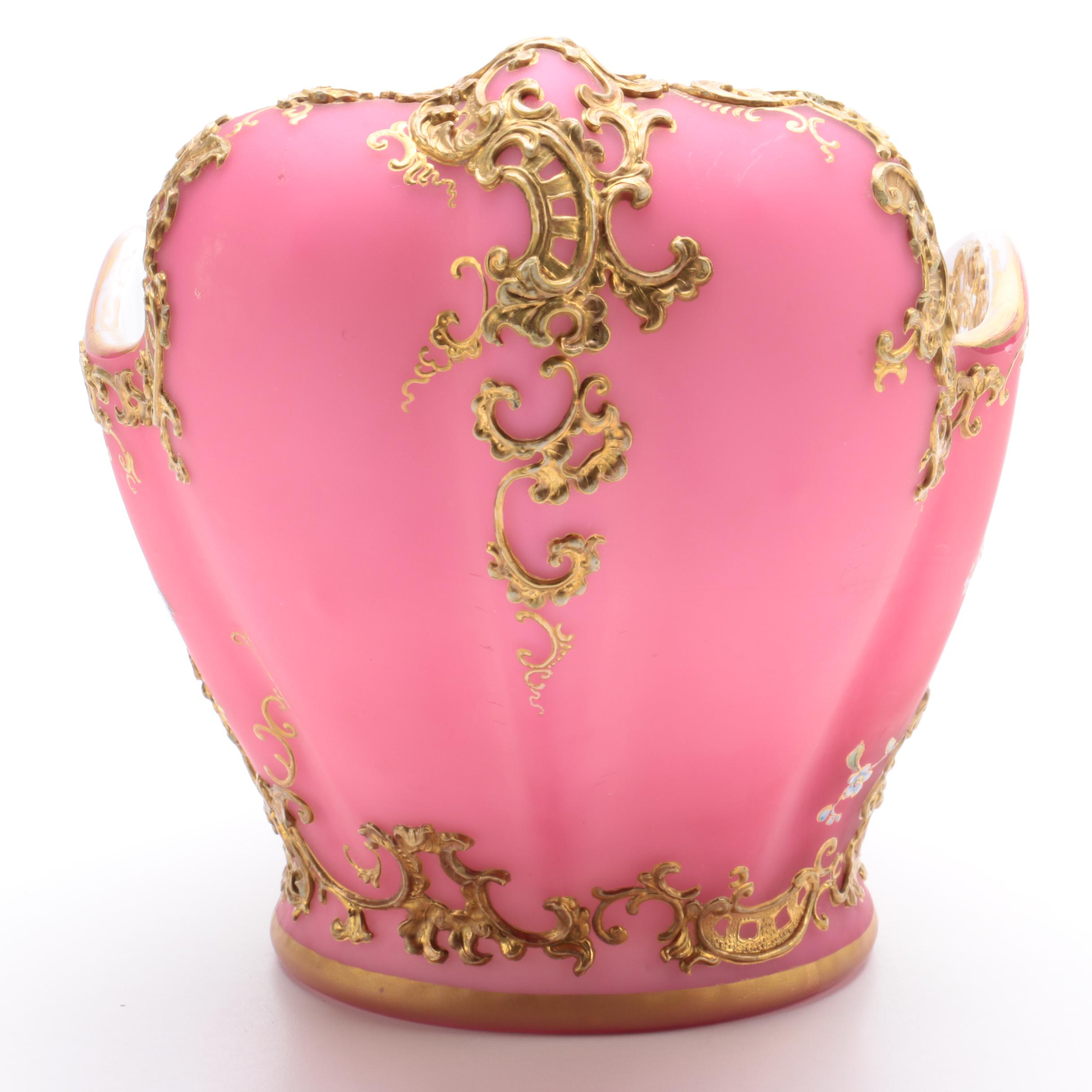 19th C. Painted Peacock and Jeweled Satin Glass Bowl