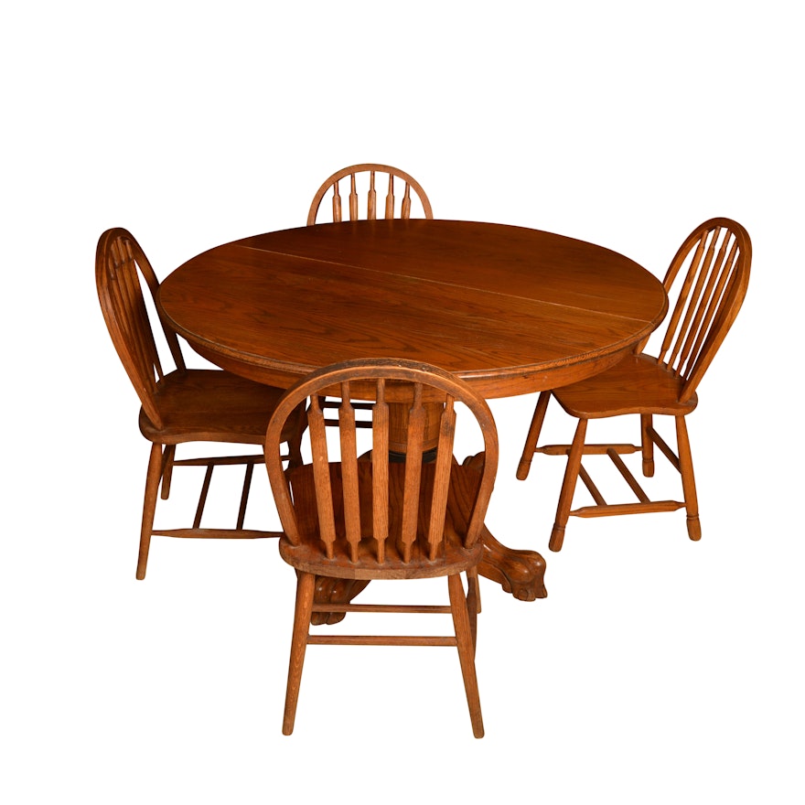 Vintage Oak Pedestal Dining Table and Four Chairs