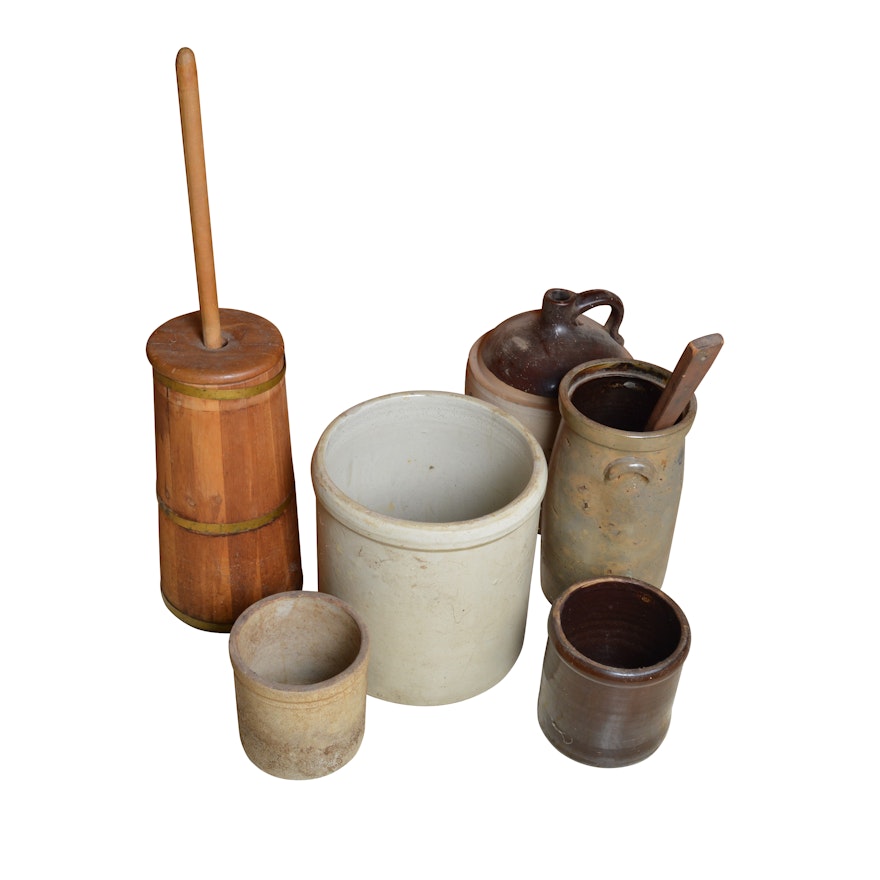 Antique Stoneware Crocks and Butter Churns