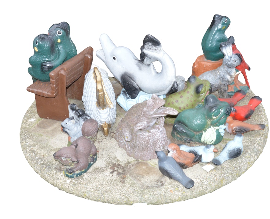 Assorted Stoneware Animal Statues with Concrete Table