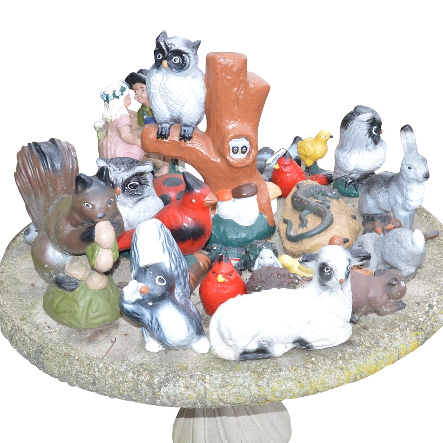 Colletion of Woodland Creature Statues and Concrete Table