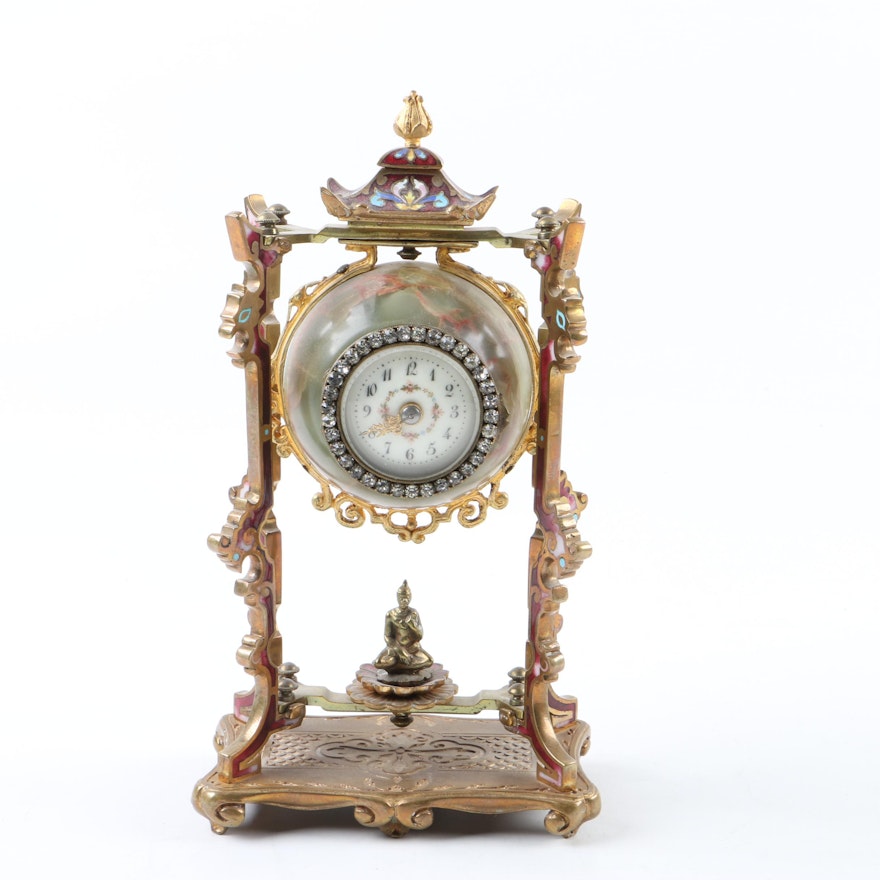 Decorative Brass Mantel Clock with Rhinestone Accents