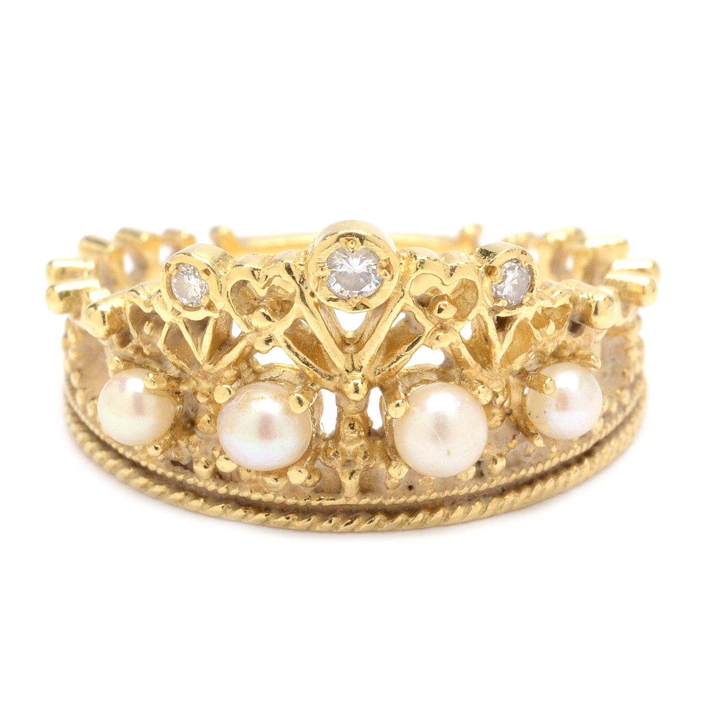 18K Gold Diamond and Pearl Franklin Mint Princess Diana Tiara Ring