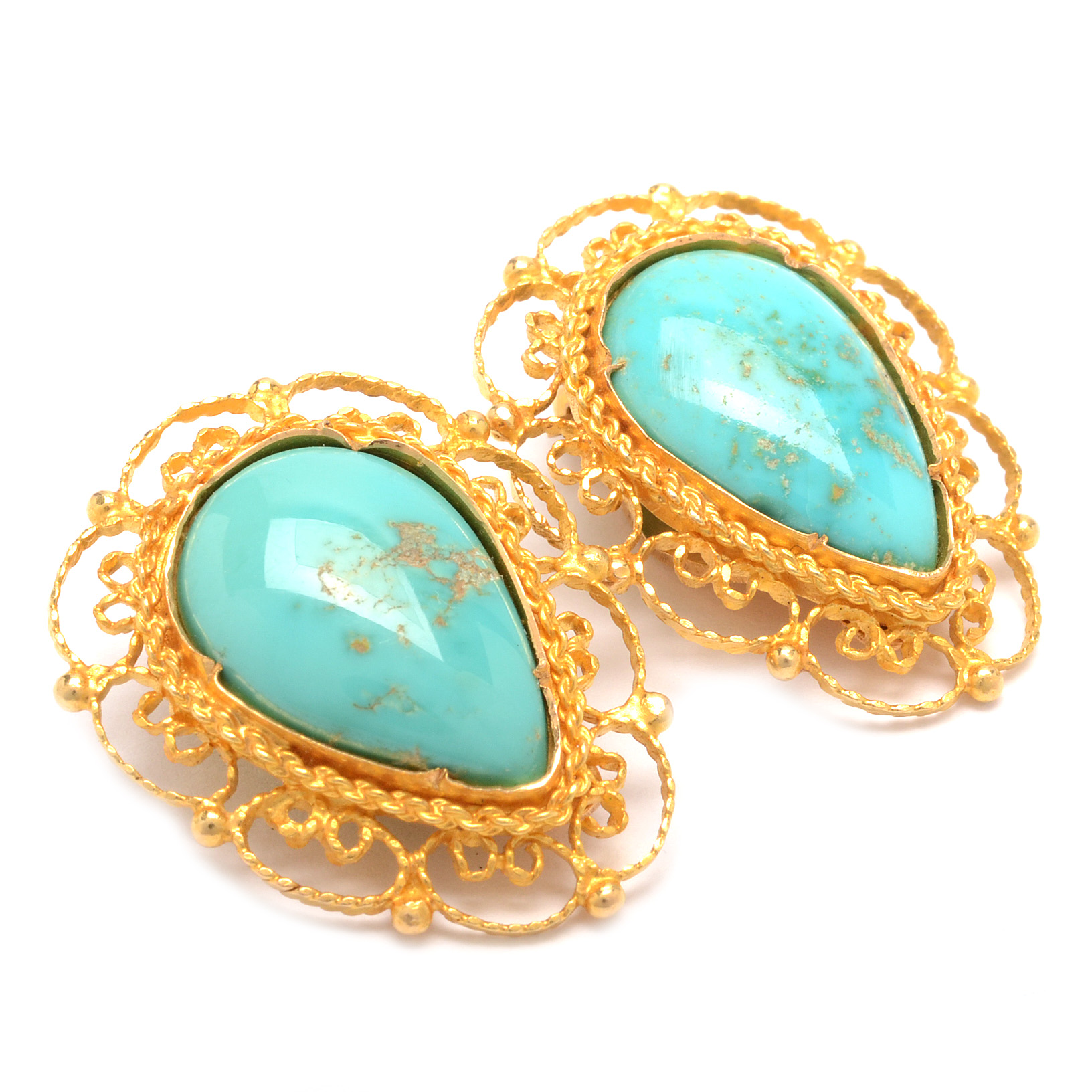 18K Yellow Gold Turquoise Clip Earrings