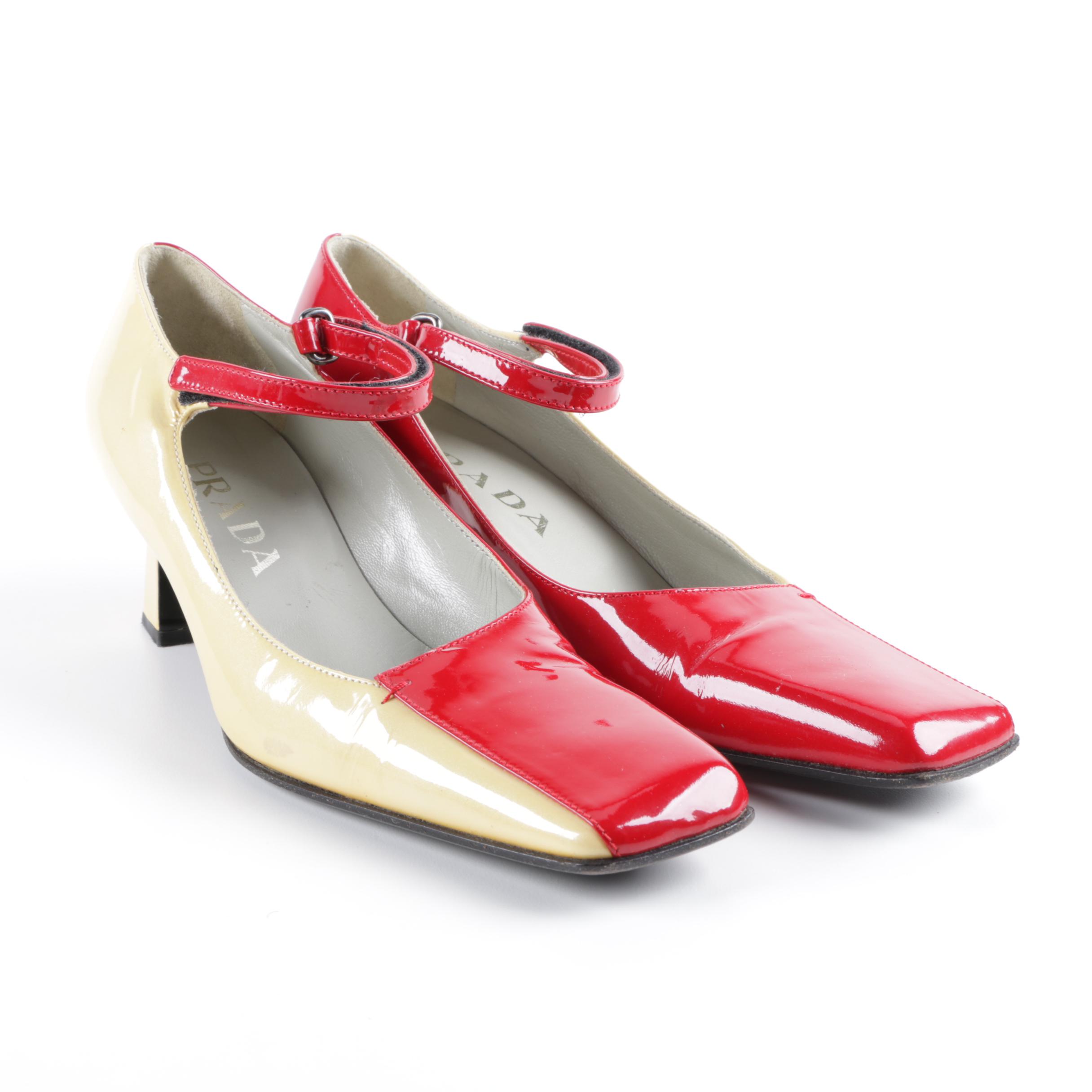 Women's Prada Cream and Red Patent Leather Pumps