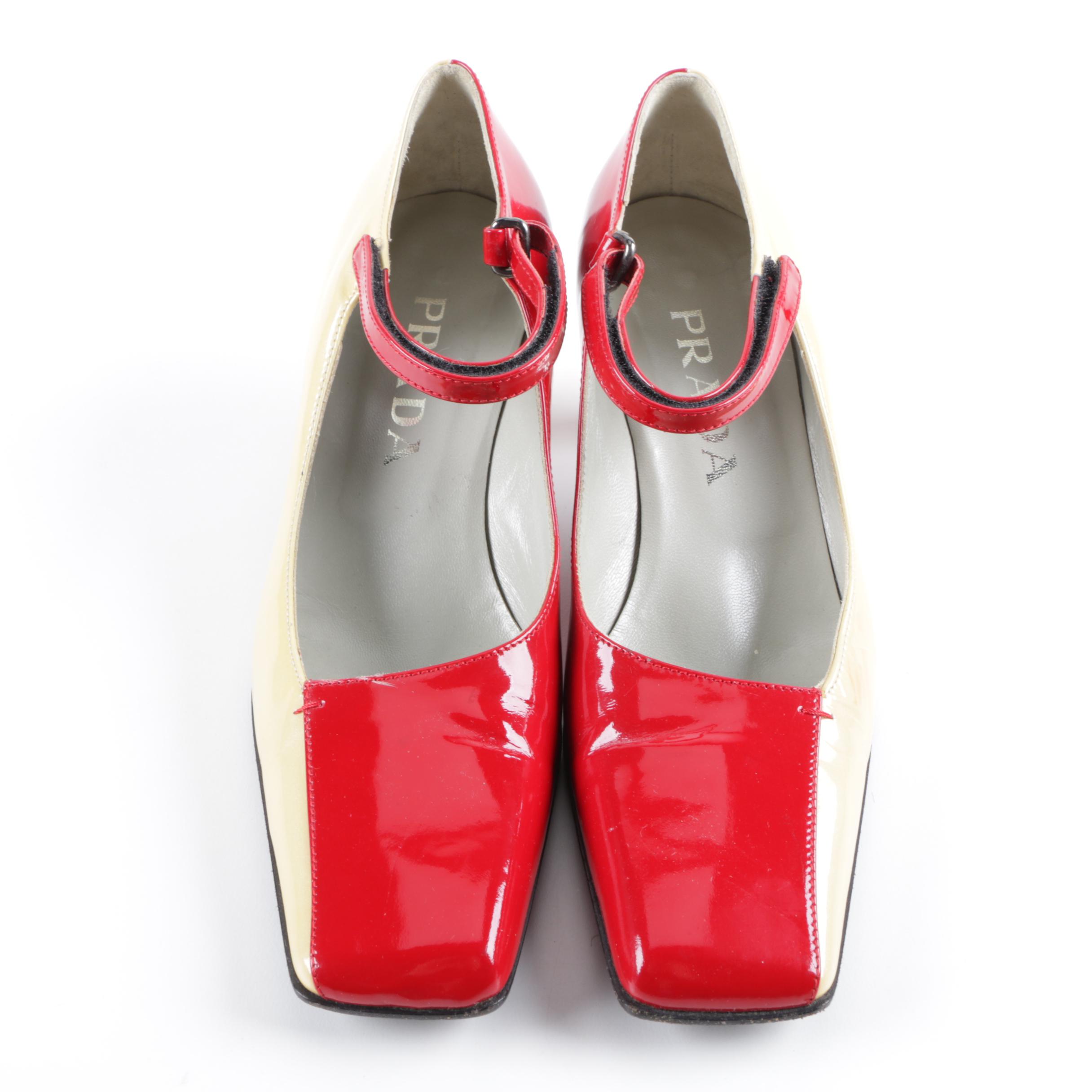 Women's Prada Cream and Red Patent Leather Pumps