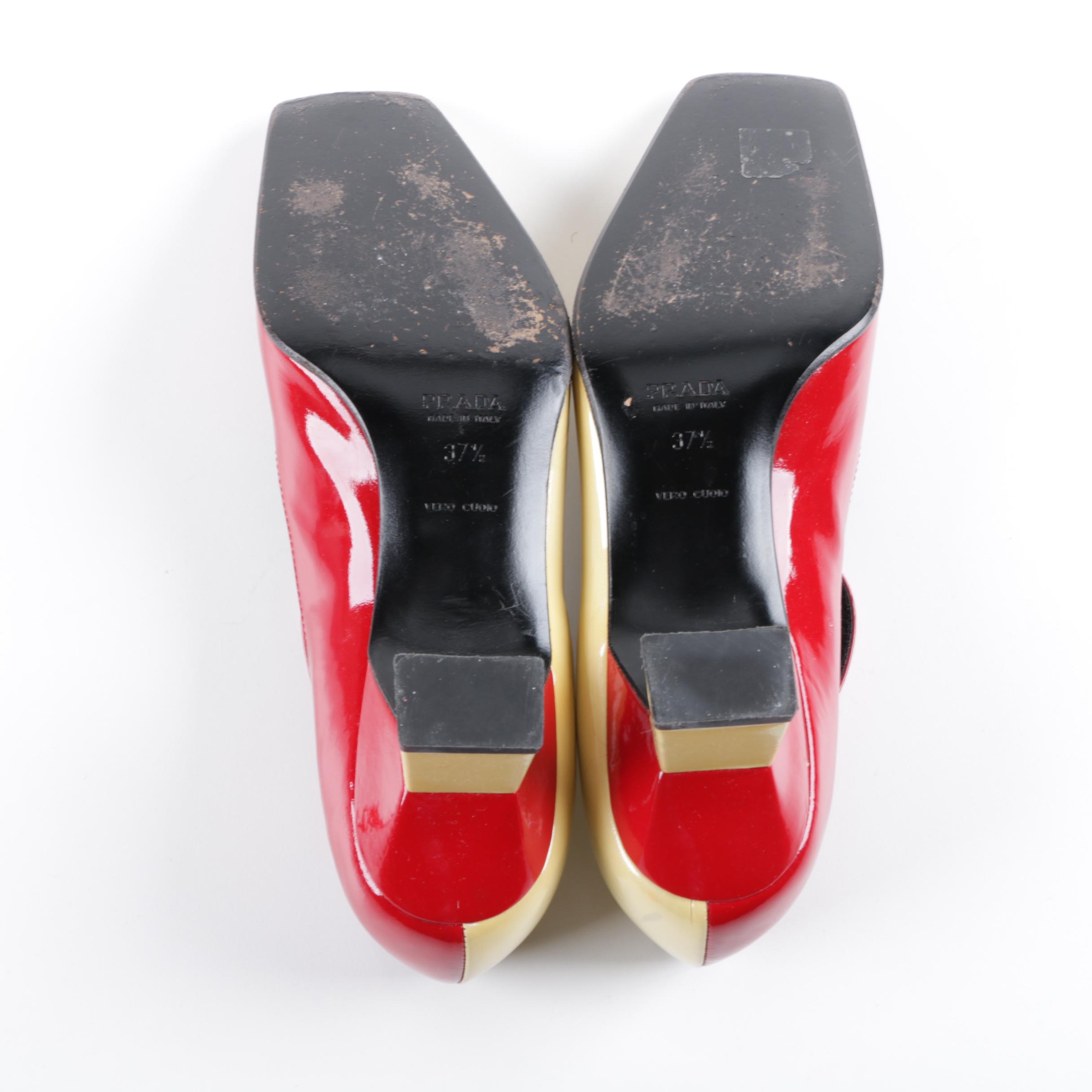 Women's Prada Cream and Red Patent Leather Pumps