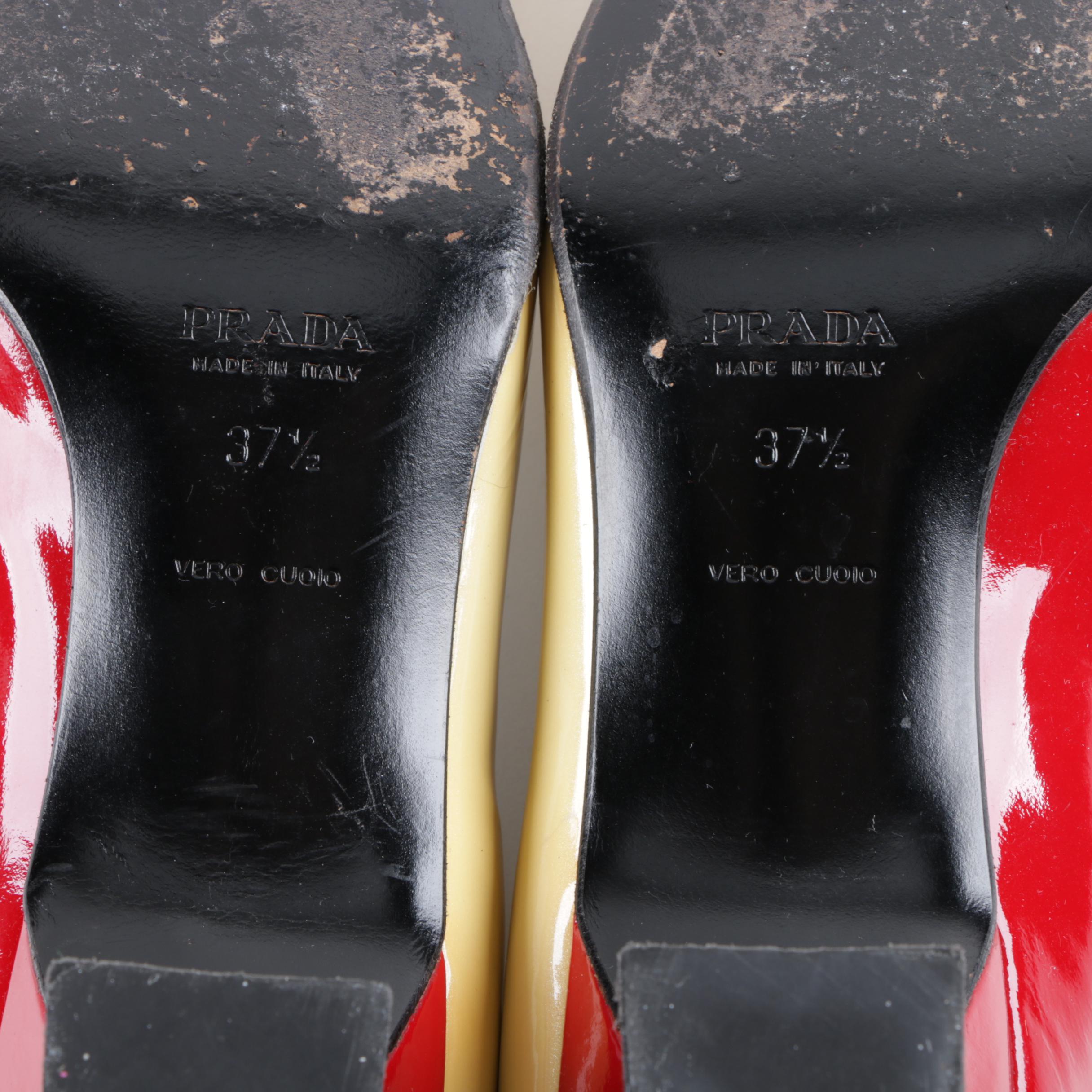 Women's Prada Cream and Red Patent Leather Pumps