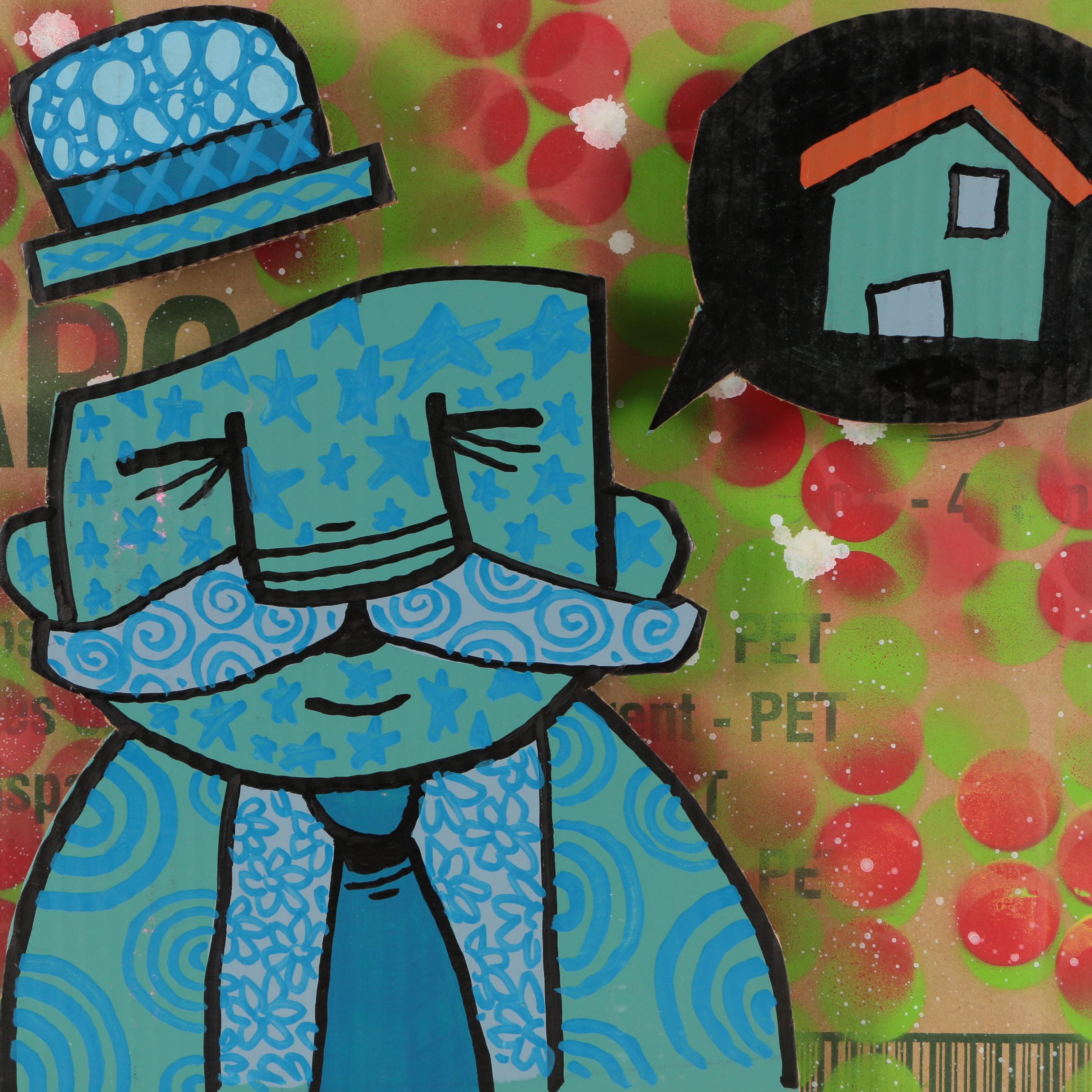Mixed Media Composition "Tattoo Man/Speech Bubble House"