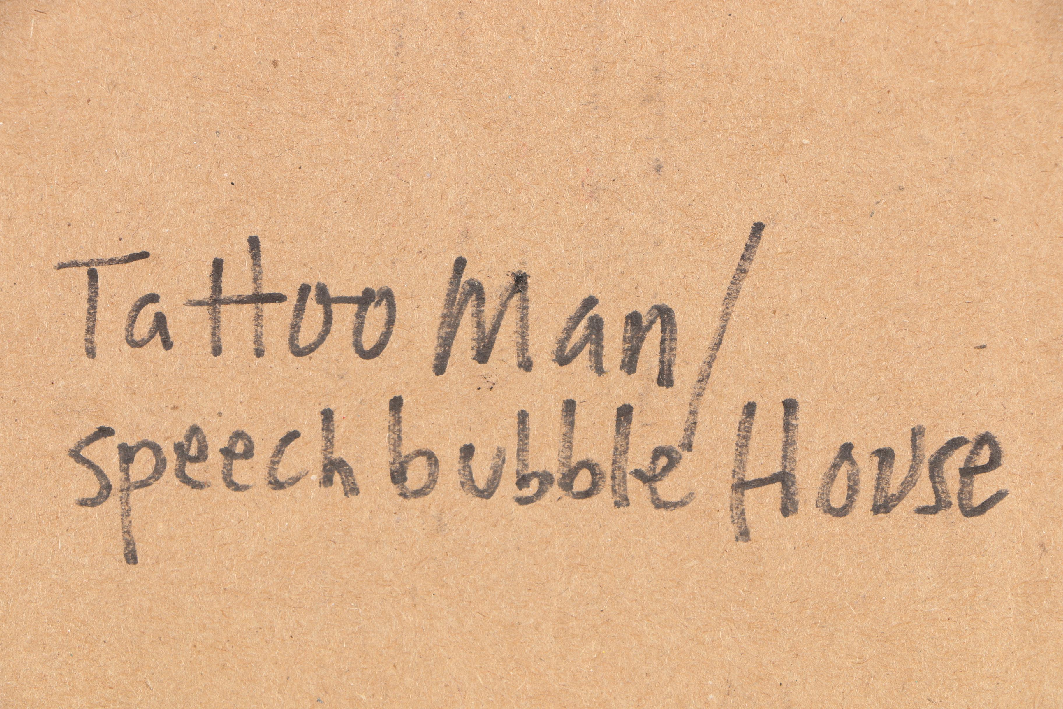 Mixed Media Composition "Tattoo Man/Speech Bubble House"