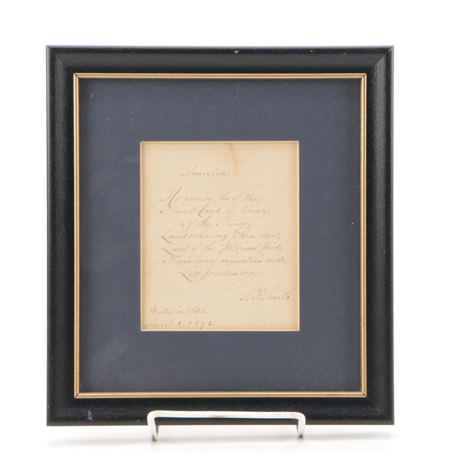 Samuel F. Smith Autographed First Verse of "America: My Country, 'Tis of Thee"