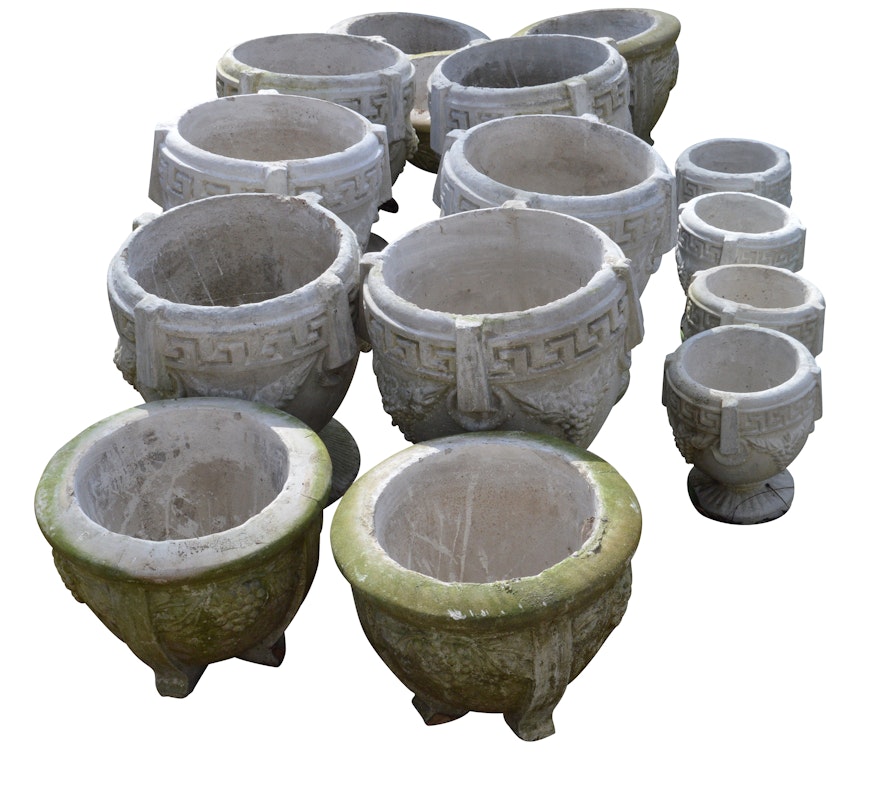 Collection of Grape Leaf Round Stoneware Planters