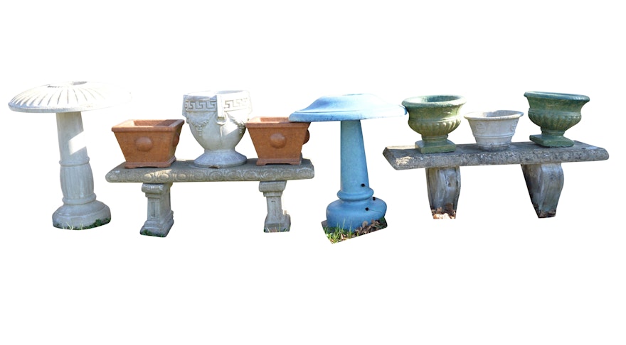 Collection of Concrete Benches, Birdbaths and Planters