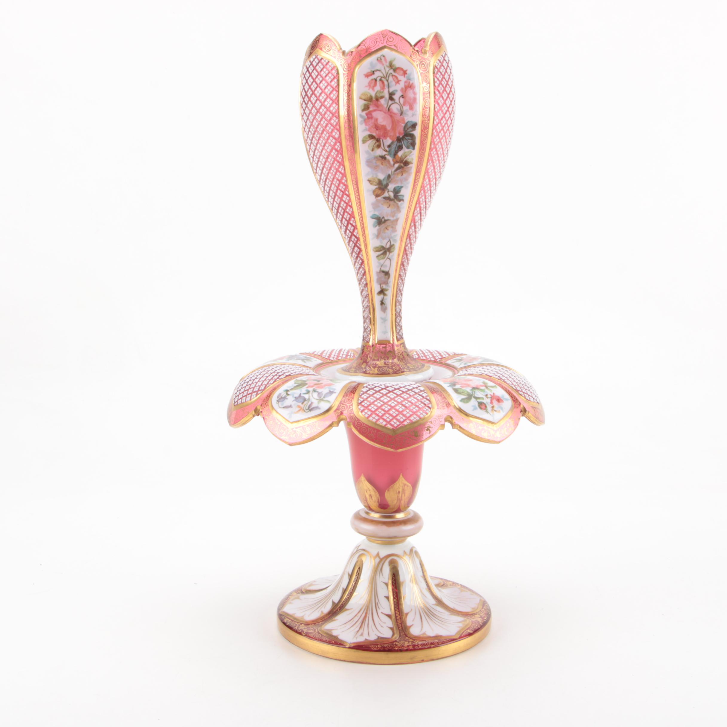 Vintage Bohemian Hand-Painted Cased Cut to Cranberry Glass Epergne