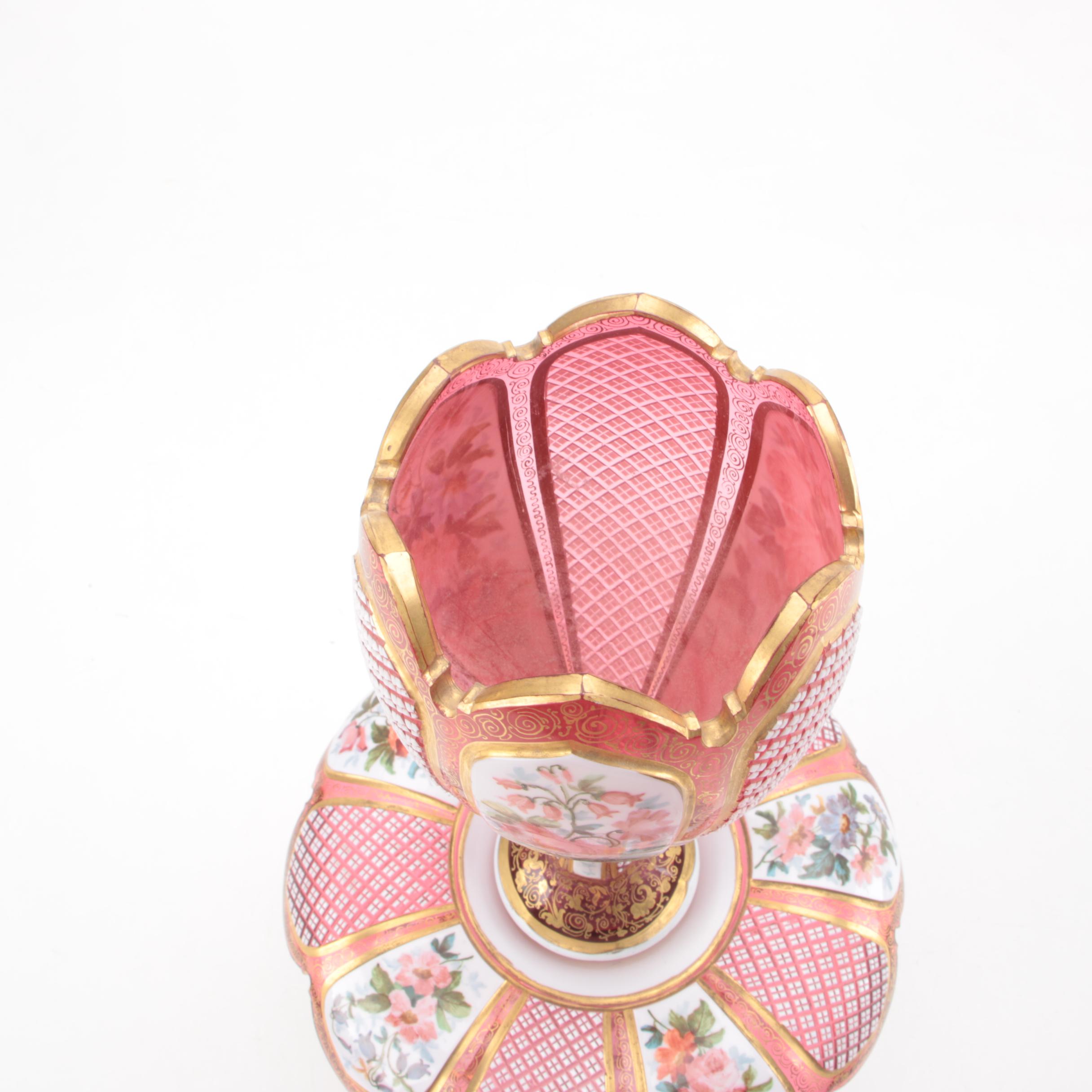 Vintage Bohemian Hand-Painted Cased Cut to Cranberry Glass Epergne