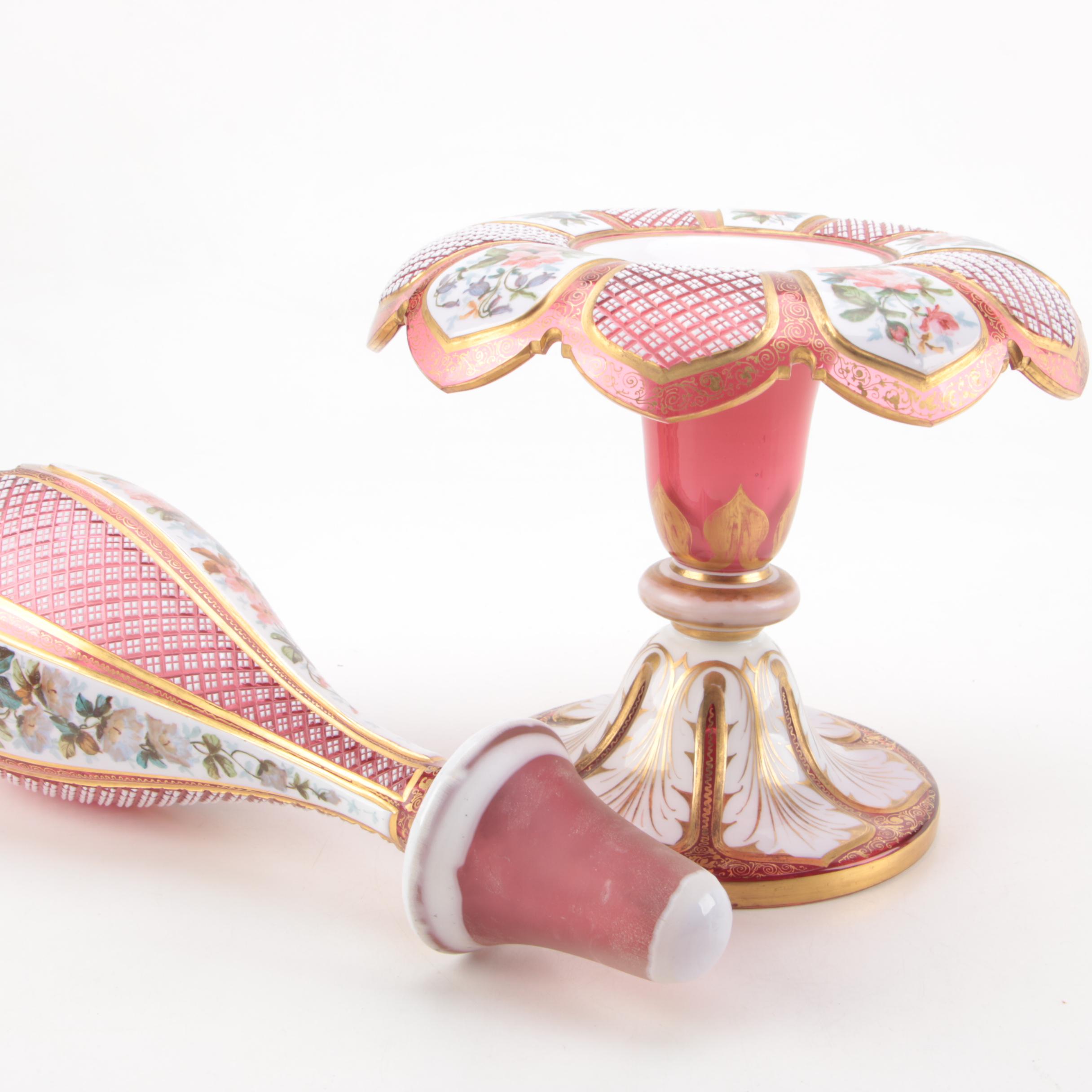 Vintage Bohemian Hand-Painted Cased Cut to Cranberry Glass Epergne