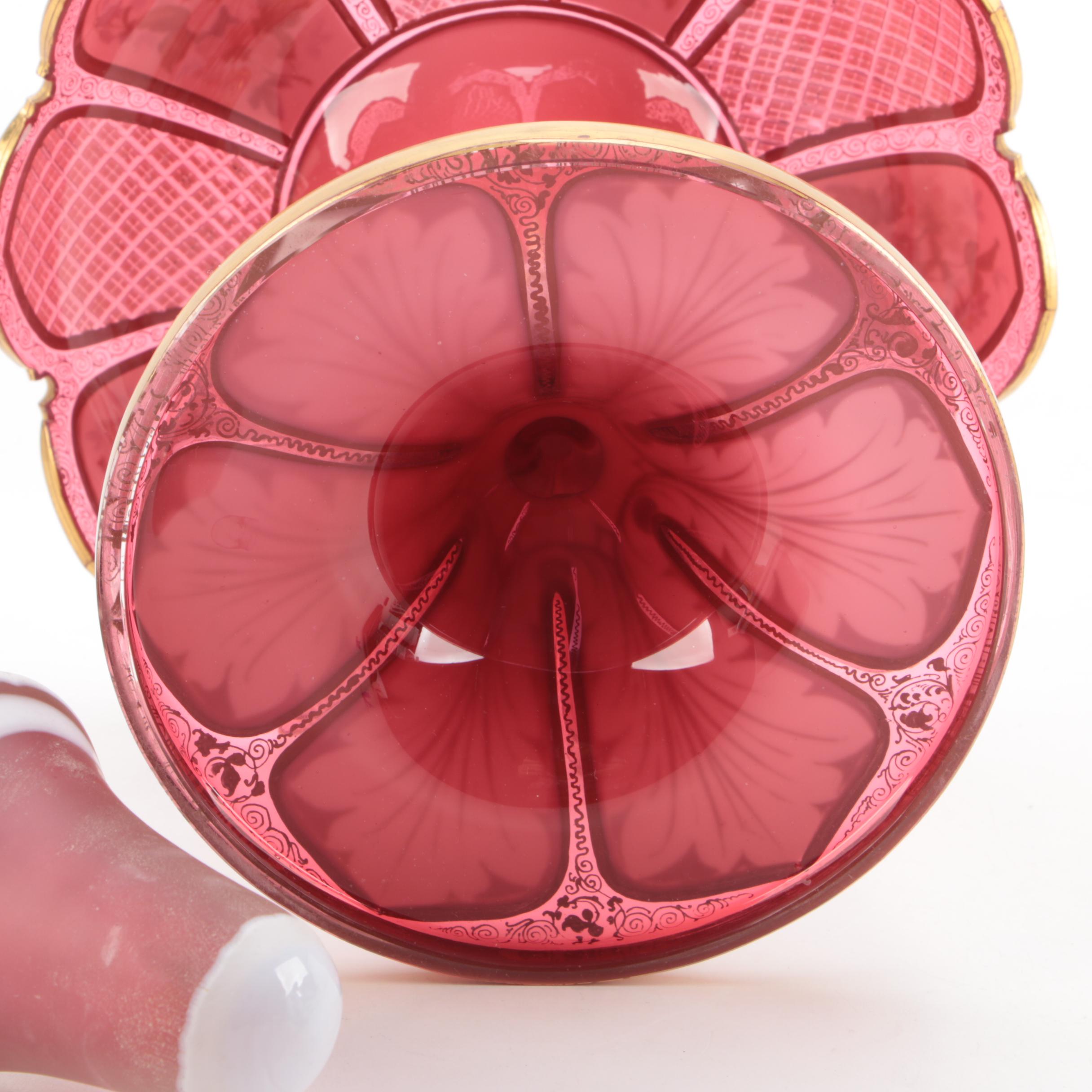 Vintage Bohemian Hand-Painted Cased Cut to Cranberry Glass Epergne