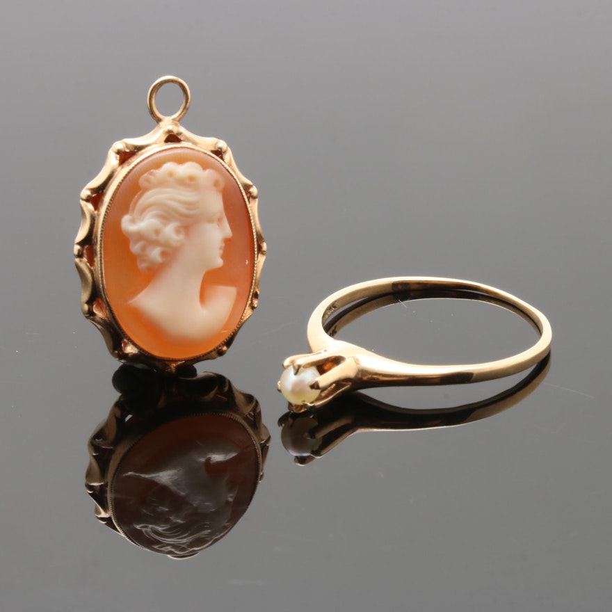 14K Yellow Gold Shell Cameo Pendant and Cultured Pearl Solitaire Ring