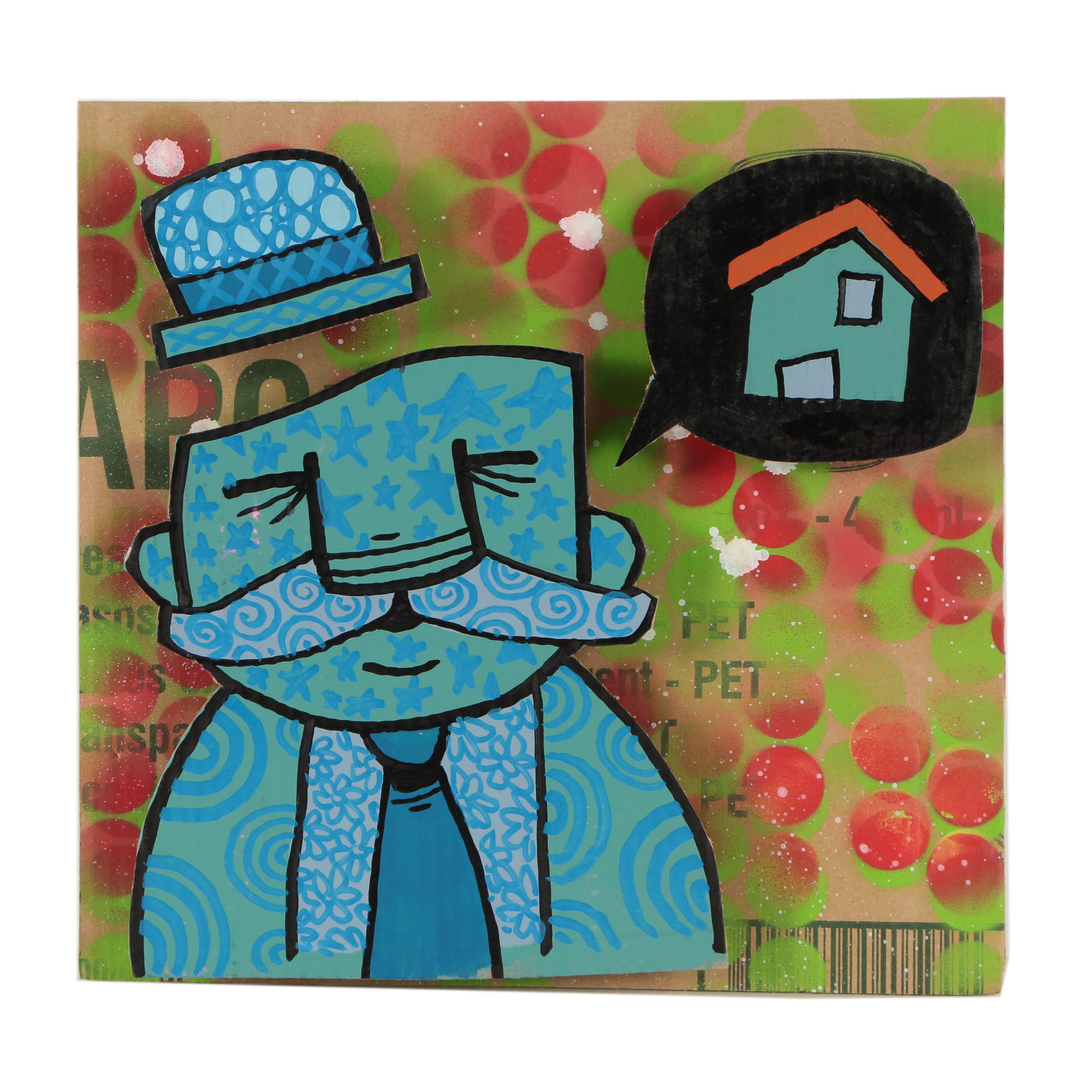 Mixed Media Composition "Tattoo Man/Speech Bubble House"