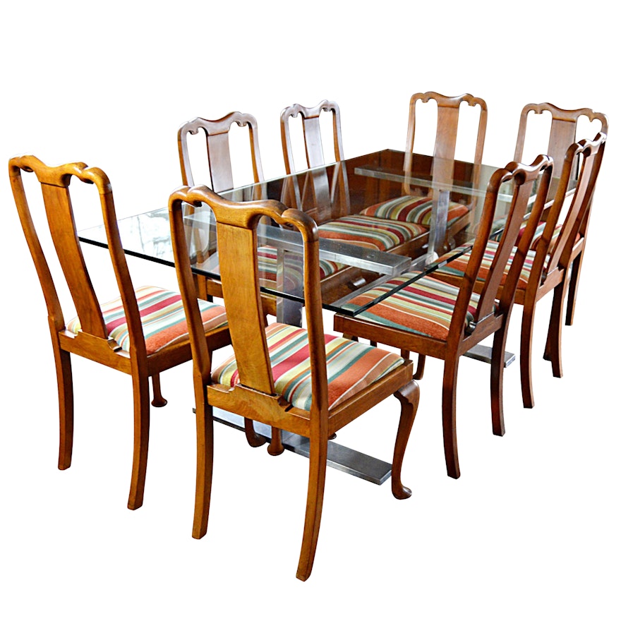 Contemporary Glass and Steel Table Paired with Set of Antique Chippendale Chairs