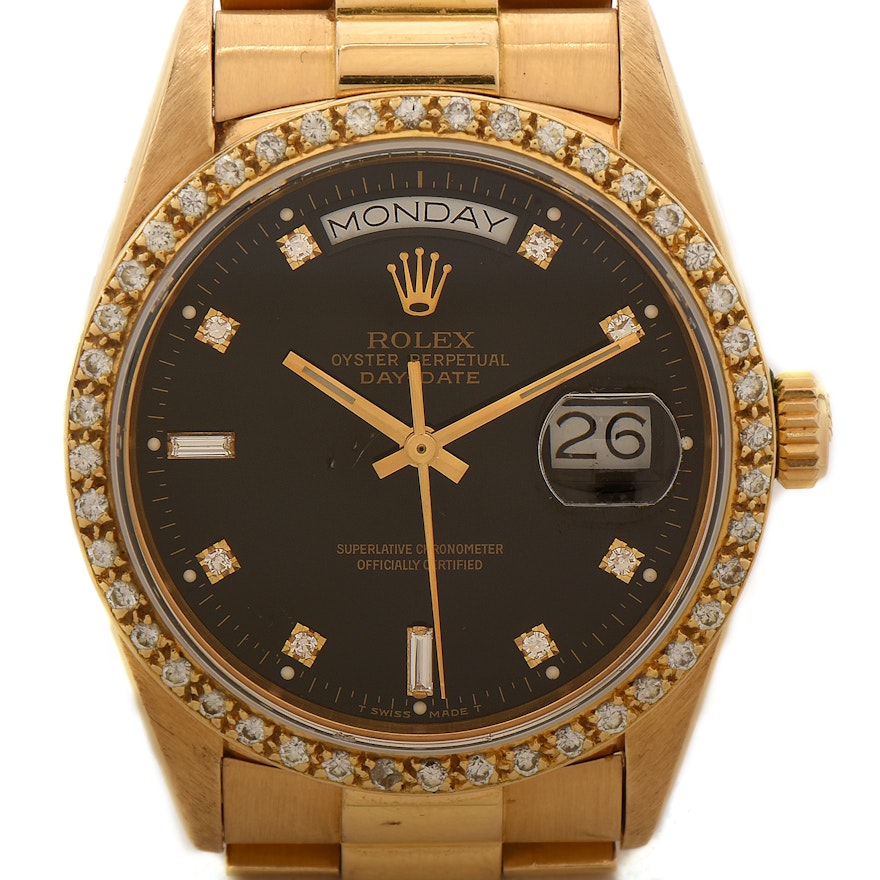 Rolex Day-Date 18K Yellow Gold and Diamond Dial Bezel Wristwatch