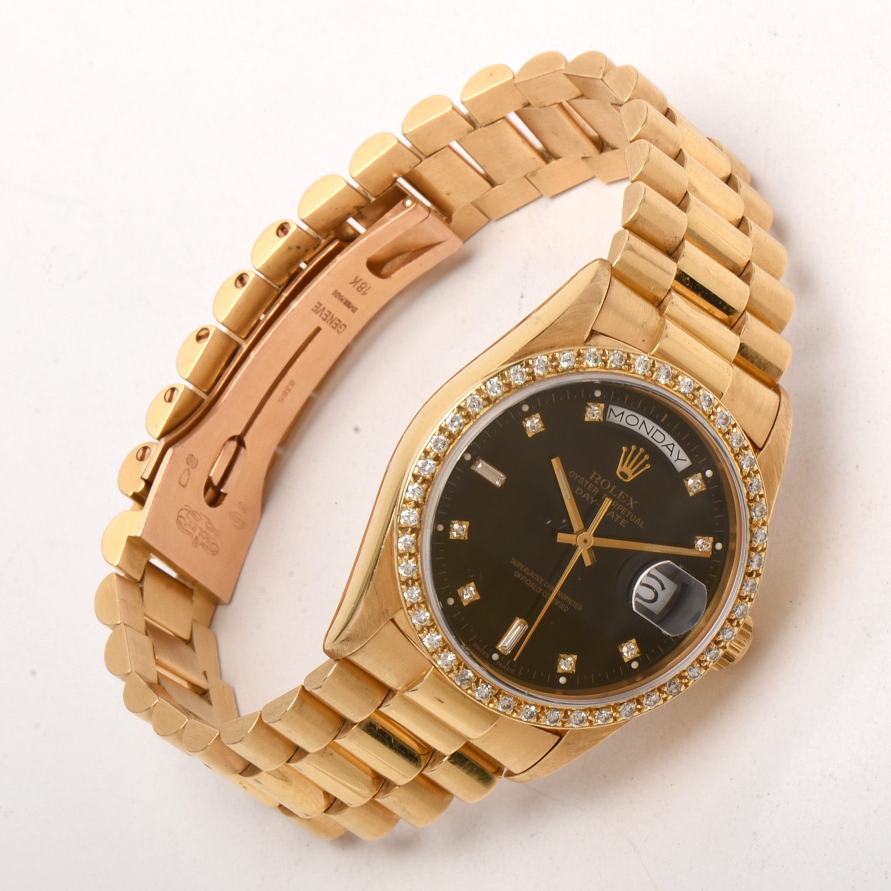 Rolex Day-Date 18K Yellow Gold and Diamond Dial Bezel Watch