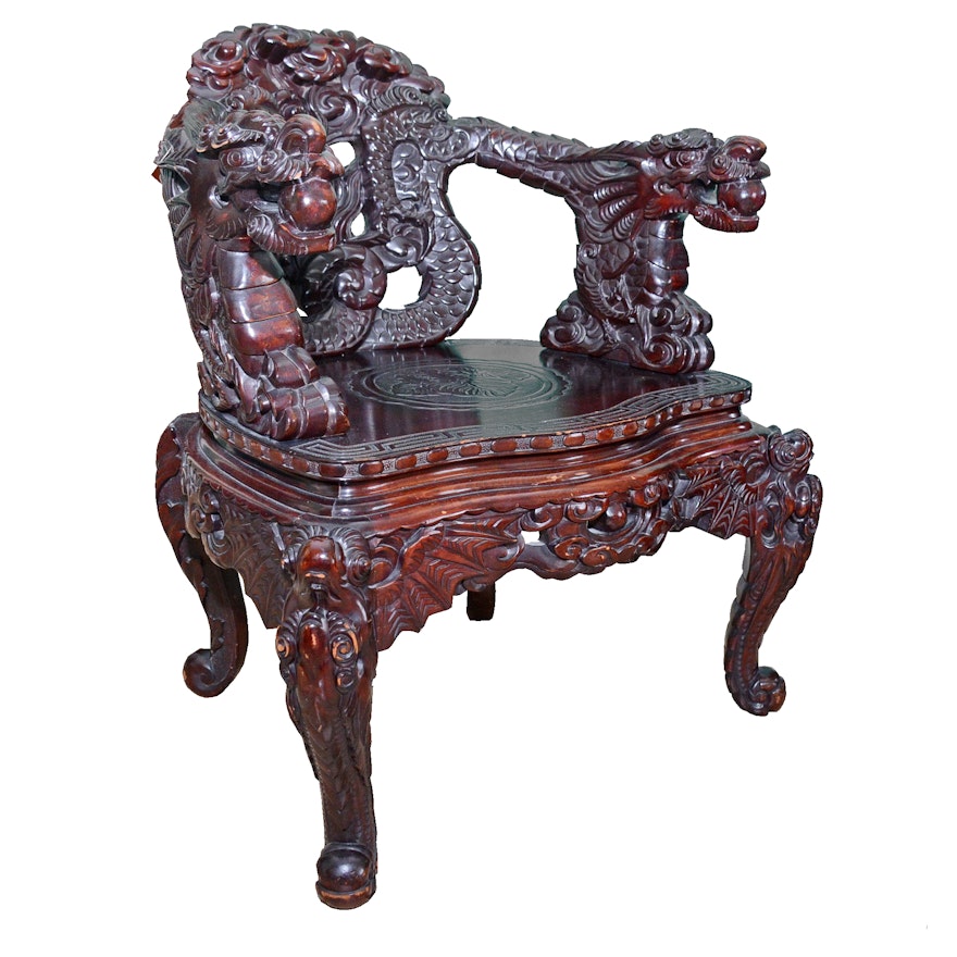 Vintage Chinese Carved Mahogany Dragon Chair
