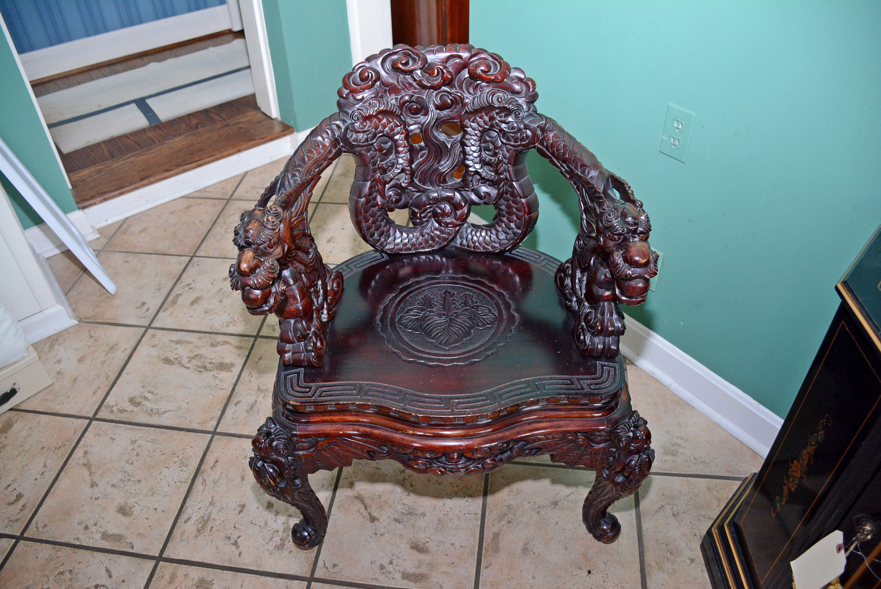 Vintage Chinese Carved Mahogany Dragon Chair