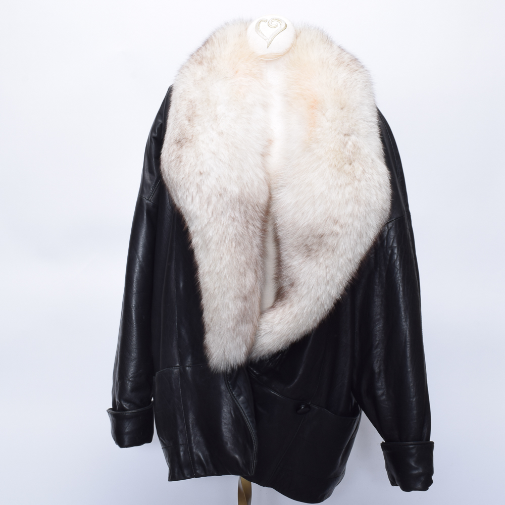 Women's Vintage G3 Leather Coat with Blue Fox Fur Collar