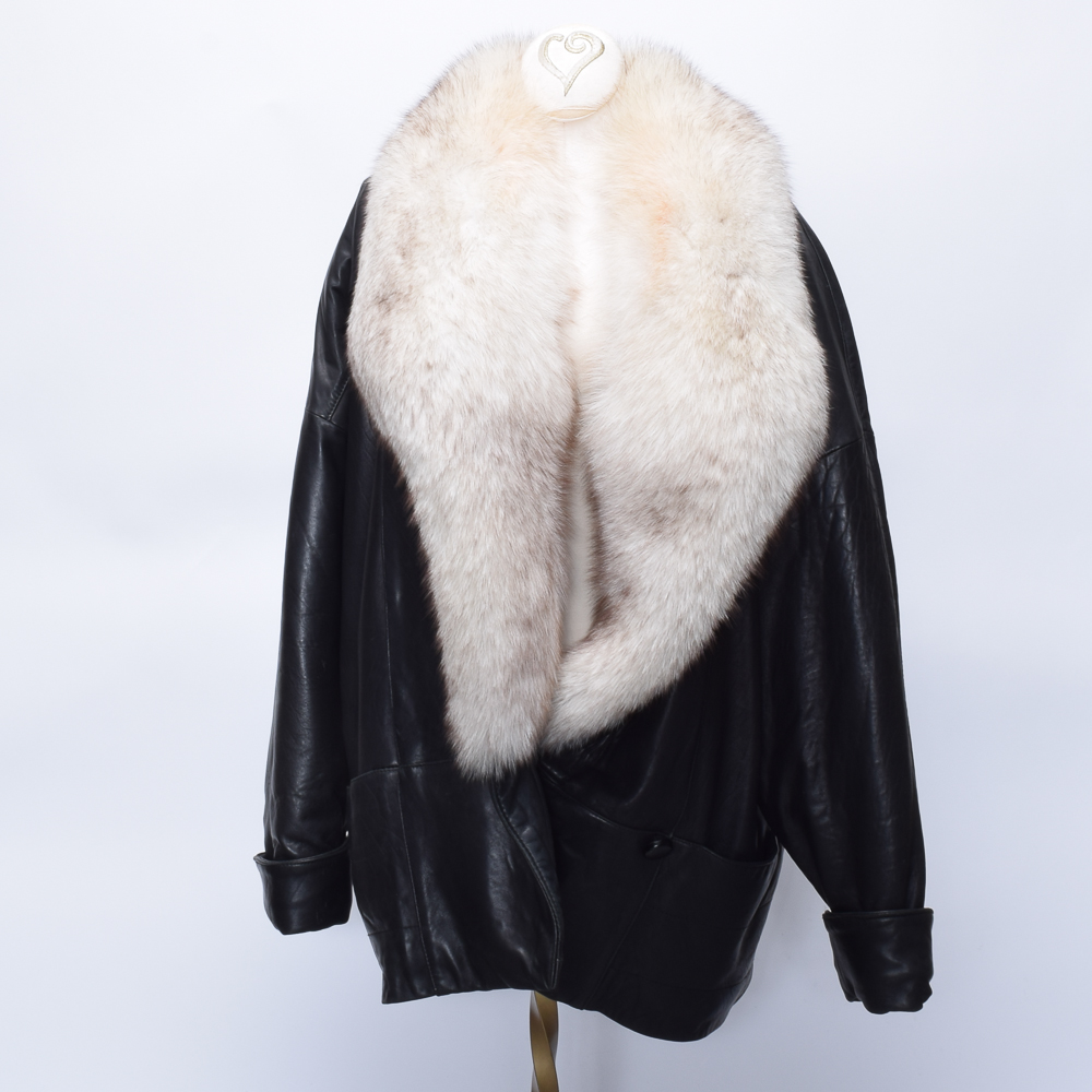 Women's Vintage G3 Leather Coat with Blue Fox Fur Collar