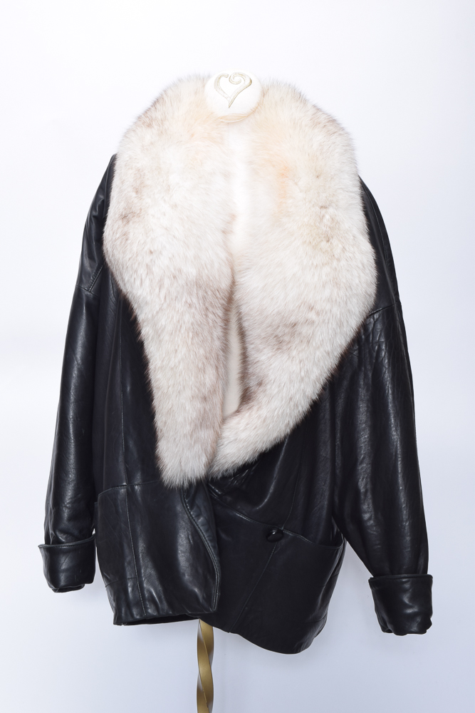 Women's Vintage G3 Leather Coat with Blue Fox Fur Collar