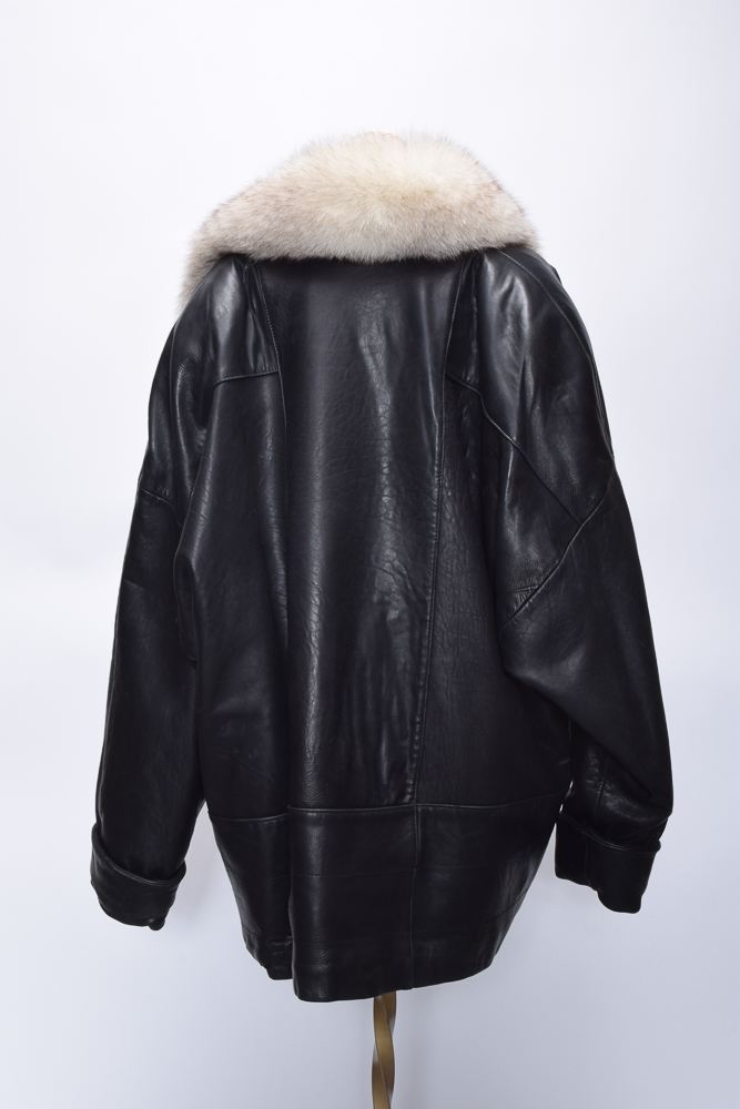 Women's Vintage G3 Leather Coat with Blue Fox Fur Collar