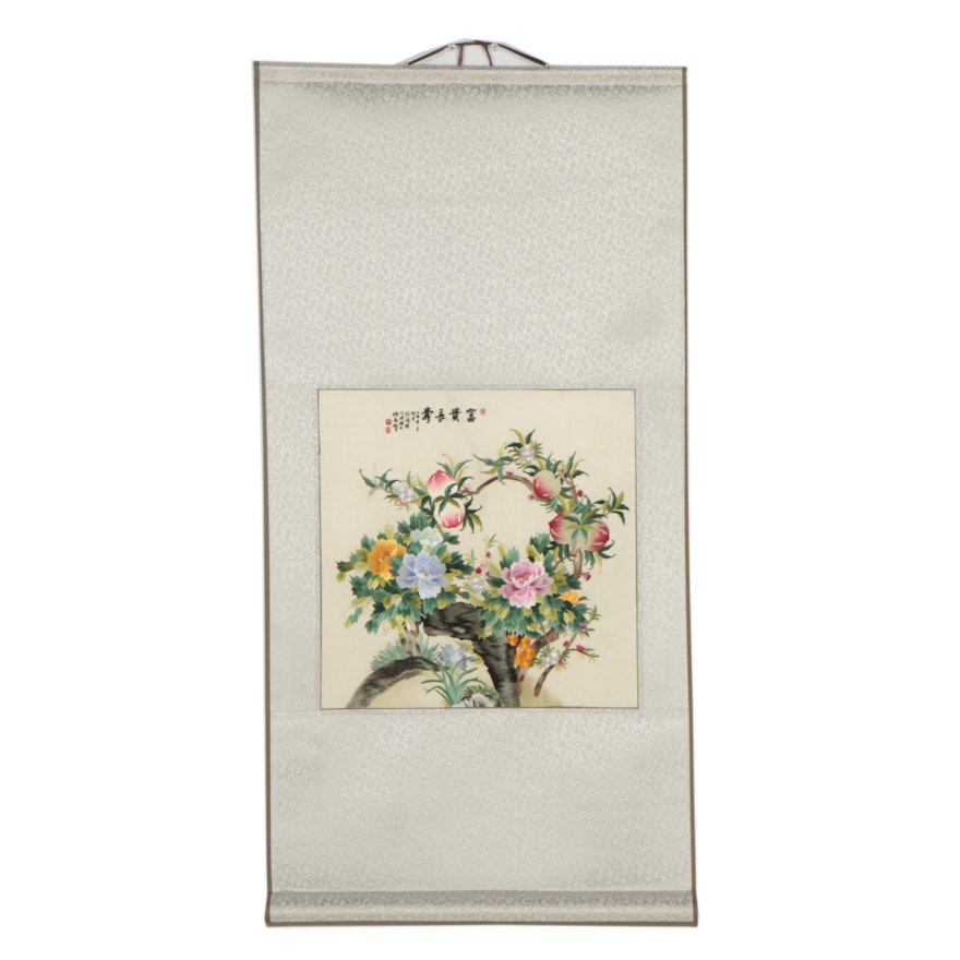 Chinese Silk Embroidered Hanging Scroll of Peaches and Peonies