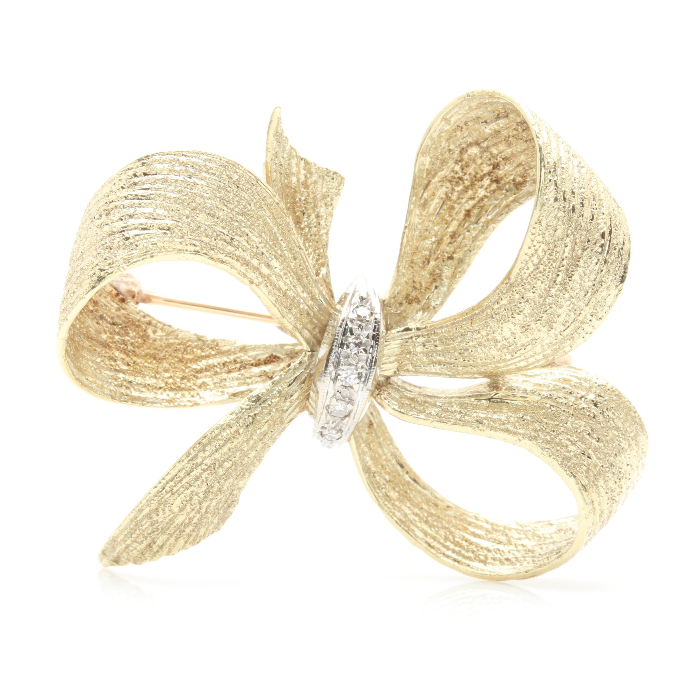 Retro Modern 14K Yellow Gold Glitter Texture Diamond Bow Brooch