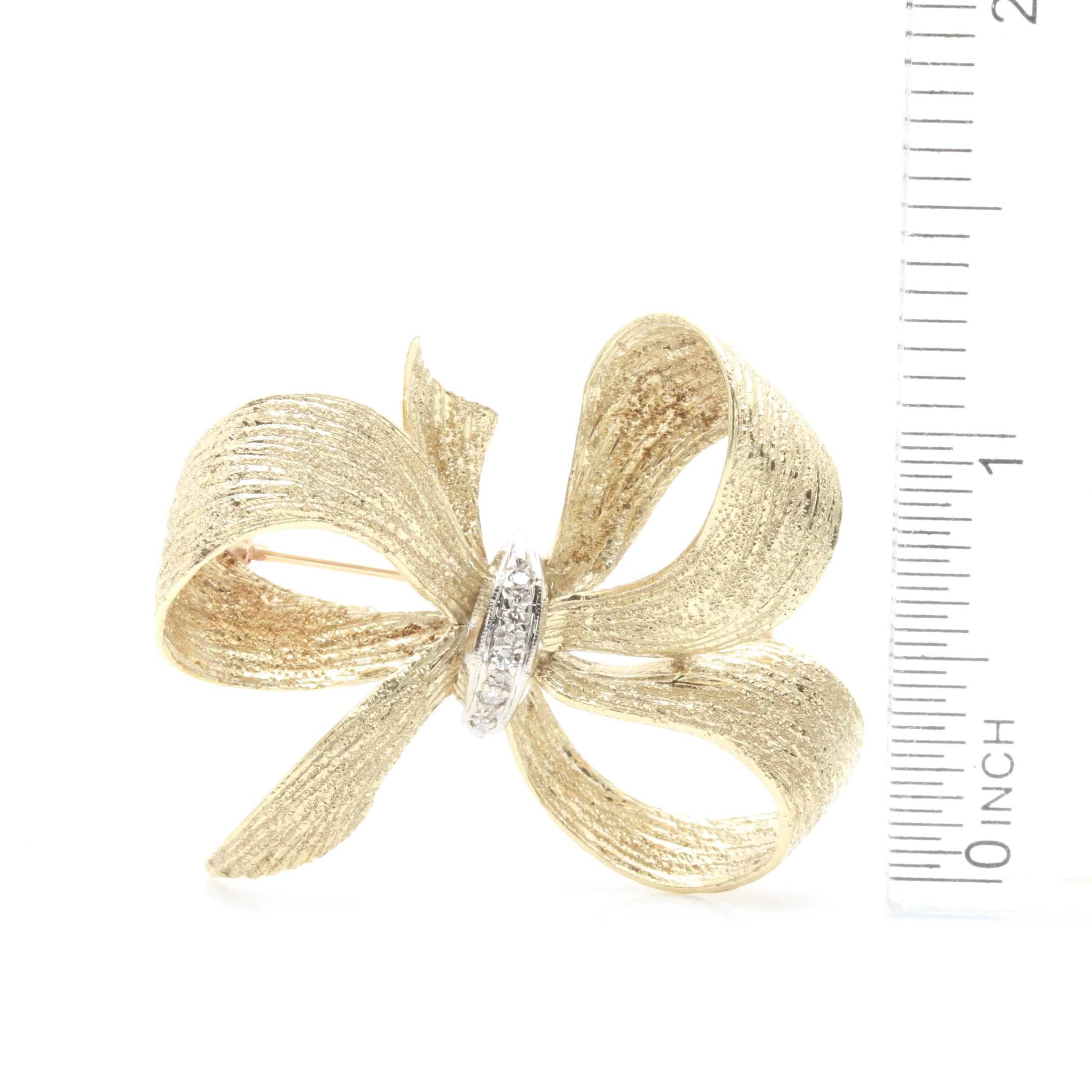 Retro Modern 14K Yellow Gold Glitter Texture Diamond Bow Brooch