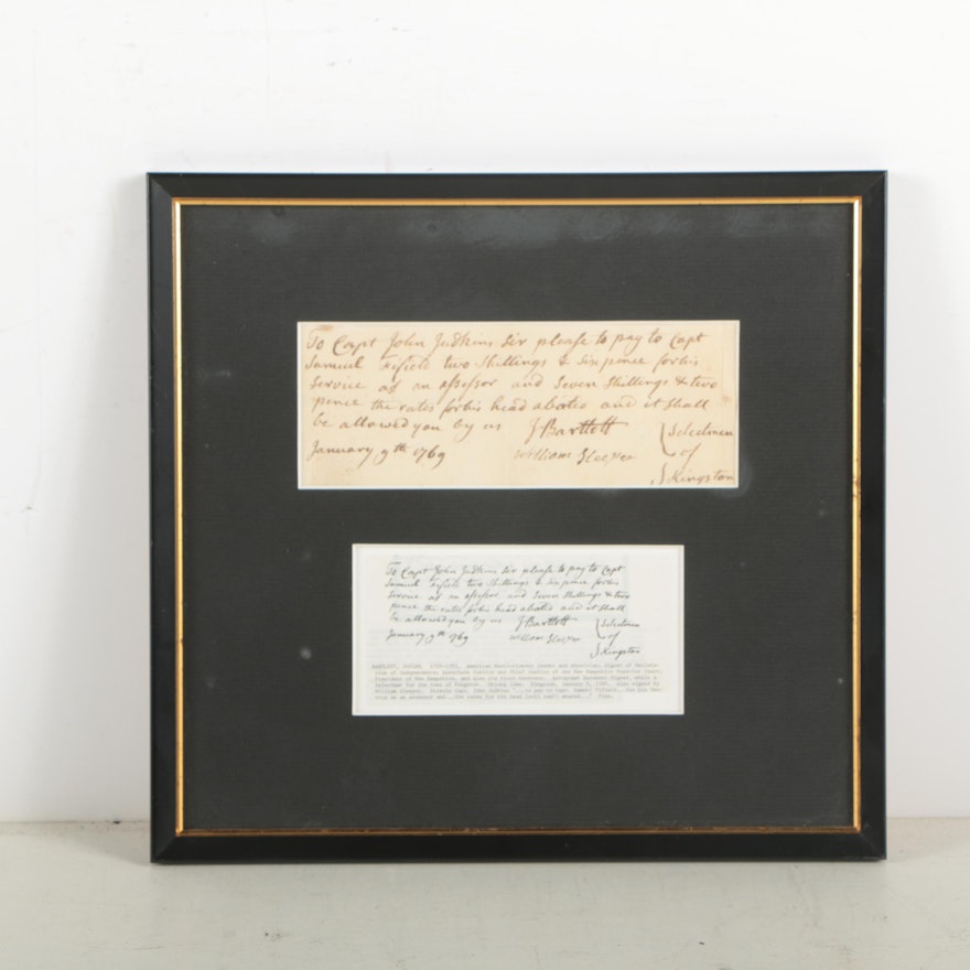Josiah Bartlett "Instructions for Payment" Document Signed January 9, 1769